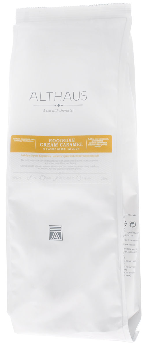 Althaus Rooibush Cream Caramel травяной листовой чай, 250 г101246 Althaus Rooibush Cream Caramel травяной листовой чай, 250 г101246Althaus Rooibush Cream Caramel — традиционный напиток из Южной Африки с кусочками ванили, нежнейшей карамели и восхитительным букетом амбровых ароматов.В этой удивительной композиции переплетаются древесно-медовые нотки экзотического чая ройбуш, сладкий кофейный вкус с оттенком мягкой сливочной карамели и пряное благоухание благородной ванили. Кусочки натуральной ванили (плодов тропической орхидеи), которая до сих пор остается одной из самых дорогих пряностей, придают купажу приятную, по-восточному изысканную мягкость.Ройбуш пользуется заслуженной популярностью за свой необычный вкус, нежный аромат и целебные свойства. Этот полезный для здоровья напиток не содержит кофеина, обладает антиоксидантным и успокаивающим эффектом.Althaus Rooibush Cream Caramel отличается очень глубоким и выдержанным бархатистым букетом, поэтому он идеально подходит для вечернего чаепития. Благодаря теплому обволакивающему аромату ванили этот напиток позволяет расслабиться, а приятная карамельная сладость поднимает настроение. Можно пить как сам по себе, так и с молоком и сахаром. Температура воды: 85-100 °СВремя заваривания: 4-5 минЦвет в чашке: красно-коричневый с бронзовым оттенком