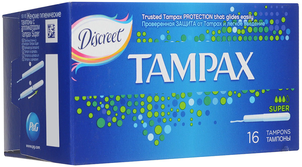 Тампоны женские гигиенические с аппликатором Tampax Super, 16 шт26102025 Тампоны женские гигиенические с аппликатором Tampax Super, 16 шт26102025Тампон - одно из самых удобных, практичных и гигиеничных средств защиты во время критических дней. Тампоны Tampax Super предназначены для умеренных и обильных выделений, снабжены гладкой аппликаторной трубочкой, которая значительно облегчает введение тампона во влагалище и правильное его размещение, а также исключает прикосновение к нему руками.Тампоны для интимной гигиены женщин Tampax изготавливаются из смеси специально обработанного, отбеленного хлопкового волокна и вискозы, которая спрессовывается в цилиндрик. Каждый тампон упакован в индивидуальную упаковку. Все материалы, используемые в производстве женских гигиенических тампонов Tampax, безопасны для здоровья женщины, натуральны, хорошо утилизируются, не нанося вред окружающей среде. Сырье и готовая продукция подвергаются бактериологическому контролю в лаборатории страны-производителя. Характеристики: Впитываемость: 9-12 г. Размер упаковки: 13 см х 7 см х 7 см. Производитель: Украина. Товар сертифицирован.