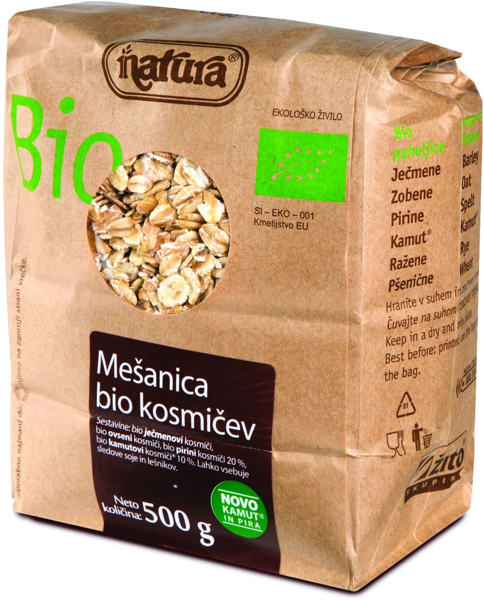 Zito Natura Bio Смесь хлопьев органическая, 500 г0120710 Zito Natura Bio Смесь хлопьев органическая, 500 г0120710Zito Natura Bio - смесь самых вкусных био-хлопьев для тех, кому нравится смешивать хлопья по своему вкусу, и для тех, кто хочет попробовать что-то новое и внести разнообразие в свой завтрак. Эта смесь включает в себя органические хлопья ячменя, овса, спельты и камута.Органические продукты Natura имеют маркировку в соответствии с законодательством и европейскую экологическую маркировку сертифицированных органических продуктов питания, так как при их производстве не используются удобрения и распылители, запрещенные в органическом производстве и обработке. Органические продукты произведены под контролем SI – EKO – 001.Органические продукты Natura производятся в регионах, где природа пока еще живет своей жизнью. Они попадают на полки магазинов и на столы людей, выбирающих здоровое питание, в той же форме, в которой их создала природа: натуральными, питательными и здоровыми. Разнообразные натуральные зерна и семена обладают всеми свойствами злаков, полностью сохраняя, таким образом, свои полезные качества.Уважаемые клиенты! Обращаем ваше внимание, что полный перечень состава продукта представлен на дополнительном изображении.