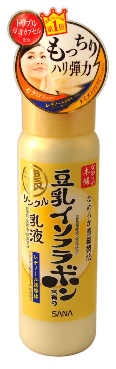 Sana Увлажняющее и подтягивающее молочко Wrinkle Milk, с ретинолом и изофлавонами сои, 150 млABS0027 Sana Увлажняющее и подтягивающее молочко Wrinkle Milk, с ретинолом и изофлавонами сои, 150 млABS0027Увлажняющее и подтягивающее молочко содержит 3 капсулированных компонента - изофлавоны сои, церамиды и ретинол. Предотвращает образование морщин.Ретинол, входящий в состав средства, стимулирует обновление клеток кожи и синтез коллагена. В результате разглаживаются мелкие морщинки, кожа становится гладкой и упругой.Церамиды-2 предупреждают сухость, шелушение, дряблость кожи. Восстанавливают защитную барьерную функцию кожи, заметно улучшая ее внешний вид.Молочко глубоко увлажняет, повышает упругость и эластичность кожи за счет действия полученных из соевых бобов увлажняющих компонентов:изофлавоны, полученные из соевых бобов;изофлавоны, полученные из ферментированного соевого молока;экстракт соевых бобов;растительный коллаген, полученный из соевого белка.Продукт произведен без использования генетически модифицированных соевых бобов.Не содержит отдушек, искусственных красителей и минеральных масел.