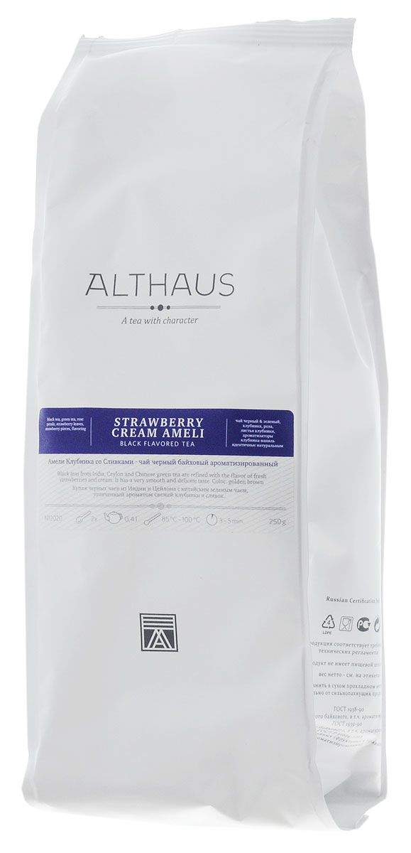 Althaus Strawberry Cream Ameli черный ароматизированный листовой чай, 250 г4791029022673 Althaus Strawberry Cream Ameli черный ароматизированный листовой чай, 250 г4791029022673Амели Клубника со Сливками — это превосходный купаж цейлонского черного чая и классической японской сенчи с кусочками сочной клубники. В его многогранном букете насыщенный вкус крепких черных сортов освежается травянистыми оттенками бархатисто-терпкого зеленого чая. Сладкий, но в то же время очень мягкий сливочно-клубничный аромат с легкой зеленой и карамельной нотой играет главную роль в этой необычной композиции. Красивый янтарный настой обладает нежным и утонченным вкусом: в нем ощущается приятная кислинка лесной земляники, свежесть только что раскрывшихся листочков и чарующий аромат розовых лепестков. Истинные гурманы найдут в этом чае все достоинства нежнейшего десерта — свежих ягод клубники в воздушном облаке взбитых сливок. Оптимальная температура заваривания: 95°С Температура воды: 85-100 °СВремя заваривания: 3-5 минЦвет в чашке: золотисто-коричневый