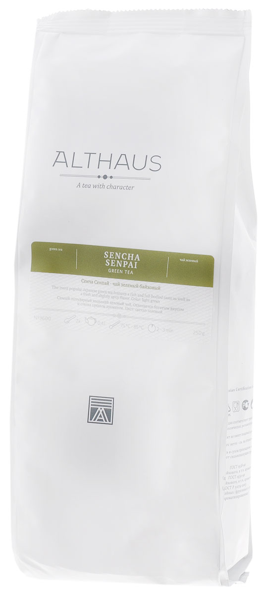 Althaus Sencha Senpai зеленый листовой чай, 250 г4791029060217 Althaus Sencha Senpai зеленый листовой чай, 250 г4791029060217Althaus Сенча Сенпай — классический японский зеленый чай из отборных листьев. Это самый популярный чай в Японии. Его получают из раннего майского сбора или листьев второго июльского урожая.Для изготовления сорта Сенча Сенпай используется особая технология обработки листа на пару, характерная только для Японии. Пропаренные листочки тщательно скручиваются и приобретают форму тонких продолговатых чаинок, называемых в народе паучьими лапками. Сухие чаинки Сенча Сенпай обладают насыщенным древесным запахом. Раскрываясь в прозрачно-зеленом настое, они придают ему очень интересный утонченный букет. В нем вы найдете ярко выраженный травянисто-морской аромат, мягкую горчинку и легкую сладковатую ноту. Напиток получается приятно терпким, чуть вяжущим и освежающим. Сенча Сенпай превосходно сочетается с японской кухней и является хорошим диджестивом. Оптимальная температура заваривания Сенча Сенпай 80°СТемпература воды: 75-85 °СВремя заваривания: 2-3 минЦвет в чашке: светло-зеленый