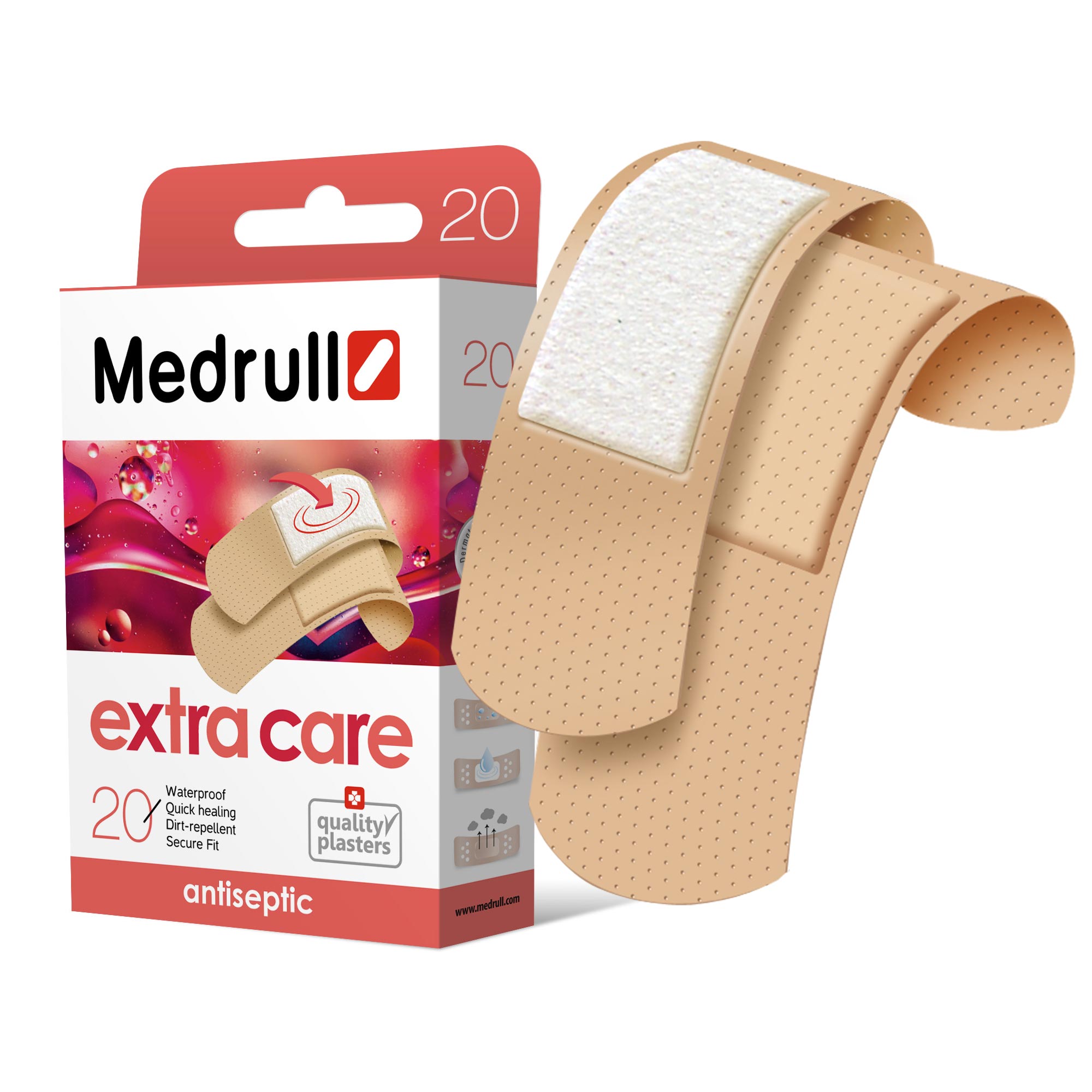 Medrull Набор пластырей Extra Care, №20БУ-00000316 Medrull Набор пластырей Extra Care, №20БУ-00000316Благодаря особенностям абсорбирующей подушечки, обработанной антисептическим веществом, эти пластыри помогут защитить рану от размножения бактерий и микроорганизмов. Рекомендовано использовать только после дезинфекции раны. Пластыри изготовлены из тонкого, перфорированного, полимерного материала.Свойства пластыря: водонепроницаемые, грязенепроницаемые, гипоаллергенные, эластичные, дышащие, плотно прилегающие. Абсорбирующая подушечка изготовлена из вискозы и обладает высокой впитываемостью. Верхняя часть подушечки обработана полипропиленом, что защищает от вероятности прилипания пластыря к поврежденной поверхности кожи. Пропитана антисептическим веществом - Cetyl pyridinium chloride 0.15%.