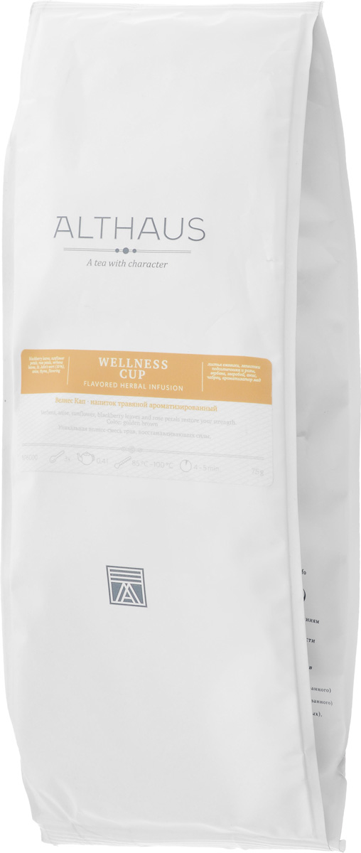 Althaus Wellness Cup травяной листовой чай, 75 г8938506647202 Althaus Wellness Cup травяной листовой чай, 75 г8938506647202Althaus Wellness Cup — уникальная смесь натуральных трав, дающая настой со сладким медово-цветочным ароматом и травянистой ноткой.В ее состав входят листья ежевики, которые не только придают напитку приятную, чуть терпкую сладость, но и насыщают его полезными веществами. Настои из листьев ежевики издавна использовались в народной медицине.Анис, богатый эфирными маслами, благодаря своему характерному пряному запаху оживляет композицию прохладной пикантностью и свежестью оттенков.Звучание летней композиции завершают теплые бальзамические ноты медового зверобоя и хрустальная чистота лимонно-фруктовой вербены. Естественную красоту полевых трав подчеркивает соблазнительная блюзовая нота пурпурных лепестков розы и тонкий аромат золотистого подсолнечника.Althaus Wellness Cup - это замечательная композиция трав прекрасно утолит жажду после занятий фитнесом, восстановит силы и сделает вечер особенно приятным.Температура воды: 85-100 °СВремя заваривания: 4-5 мин Цвет в чашке: золотисто-коричневый