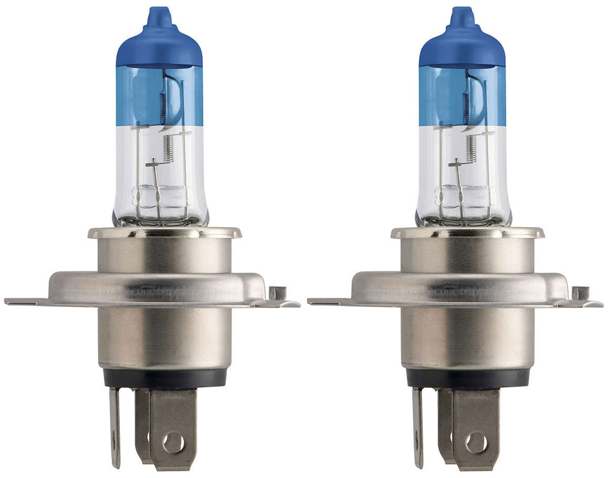 Лампа автомобильная галогенная Philips ColorVision Blue, для фар, цоколь H4 (P43t), 12V, 60/55W, 2 шт10503 Лампа автомобильная галогенная Philips ColorVision Blue, для фар, цоколь H4 (P43t), 12V, 60/55W, 2 шт10503Галогенная лампа для автомобильных фар Philips ColorVision произведена из запатентованного кварцевого стекла с УФ фильтром Philips Quartz Glass. Кварцевое стекло Philips в отличие от обычного твердого стекла выдерживает гораздо большее давление смеси газов внутри колбы, что препятствует быстрому испарению вольфрама с нити накаливания. Кварцевое стекло выдерживает большой перепад температур, при попадании влаги на работающую лампу изделие не взрывается и продолжает работать. Лампа ColorVision придает автомобильной фаре голубой оттенок, при этом она излучает яркий белый свет. Лампа отражает свет, направляя его через оптические элементы, и создает интересные цветные эффекты. Такие лампы обеспечивают на 60% больше света и увеличивают видимость до 25 метров (по сравнению с обычными лампами). Эти инновационные цветные автомобильные лампы сертифицированы для использования на дорогах. Они соответствуют европейским стандартам и обеспечивают прекрасное освещение, излучая безопасный белый свет. Автомобильные галогенные лампы Philips удовлетворят все нужды автомобилистов: дальний свет, ближний свет, передние противотуманные фары, передние и боковые указатели поворота, задние указатели поворота, стоп-сигналы, фонари заднего хода, задние противотуманные фонари, освещение номерного знака, задние габаритные/стояночные фонари, освещение салона.