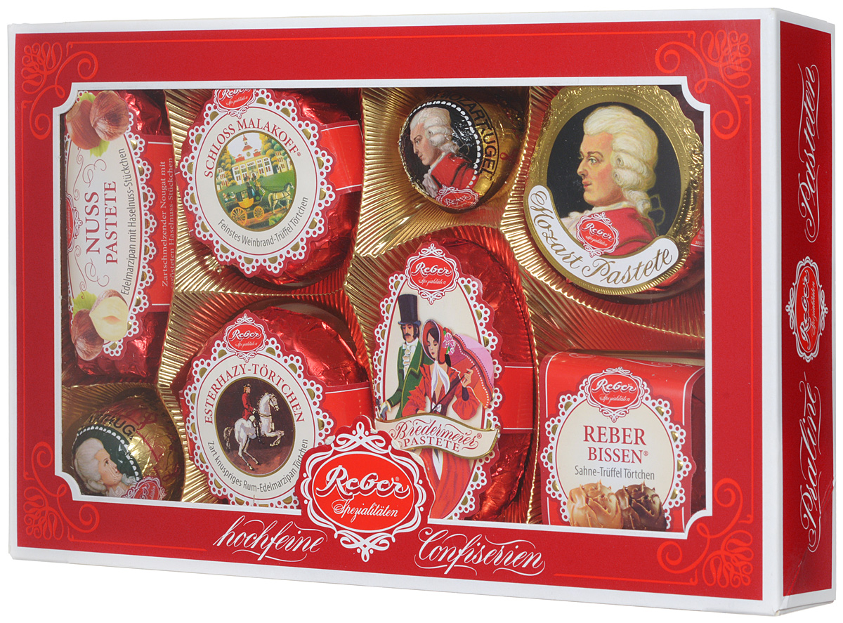 Reber Mozart подарочный набор шоколадных конфет, 285 г (коробка с окном)0120710 Reber Mozart подарочный набор шоколадных конфет, 285 г (коробка с окном)0120710Шоколадные конфеты от Reber Mozart - это не просто конфеты, это настоящие кондитерские шедевры. Впервые конфеты Ребер Моцарт были выпущены в 1890 году, через 100 лет после смерти великого Моцарта, и сразу завоевали невероятную популярность. Известные своим исключительным качеством, оригинальностью и изысканным дизайном, шоколадные деликатесы Reber в форме небольших подарочков - это настоящие драгоценности для ценителей.