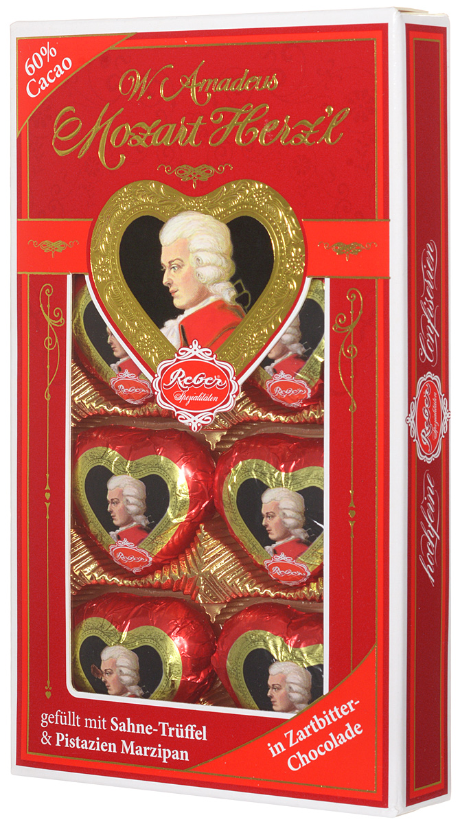Reber Mozart Herz‘l шоколадные конфеты, 80 г0120710 Reber Mozart Herz‘l шоколадные конфеты, 80 г0120710Mozart Herz‘l – великолепные конфеты, выполненные в форме сердечка. Состоят из зеленых фисташковых орехов расположенных в нежном сливочном трюфеле, а сверху покрыты отличным горьким шоколадом.