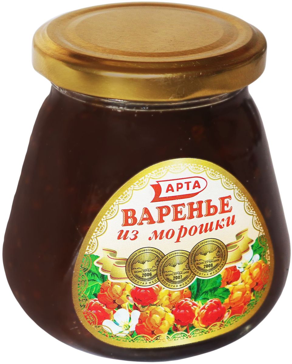 Арта варенье из морошки, 340 г0120710 Арта варенье из морошки, 340 г0120710Морошка улучшает проницаемость капилляров, облегчает общее самочувствие после отравлений и омолаживает клетки кожи.Ягоды морошки применяются при авитаминозах, ожогах, кожных патологиях, простудных заболеваниях и внутренних кровотечениях. Морошка способна быстро восстановить иммунитет, повысить аппетит, снять хроническую усталость, нормализовать усвояемость продуктов питания.