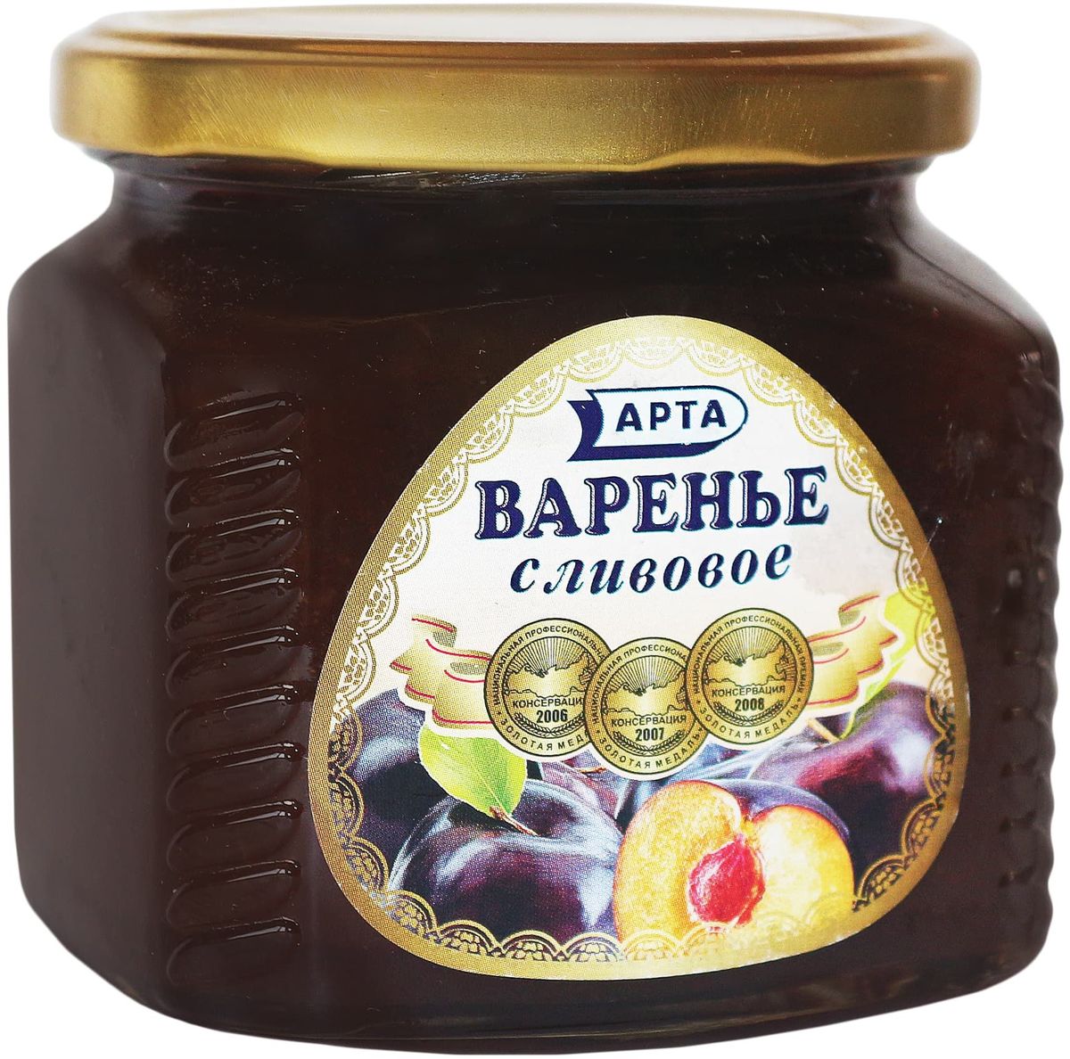 Арта варенье сливовое, 500 г0120710 Арта варенье сливовое, 500 г0120710Слива - это классический диетический продукт. Слива низкокалорийная. Мясистая мякоть и шкурка сливы богаты пектинами и клетчаткой, за счет чего они отлично регулируют пищеварение, стимулируют перистальтику.В сливах много минеральных веществ, особенно полезных сердечникам и гипертоникам, так как слива содержит много калия и магния, питающего сердце. Кроме того, в ней много кальция и натрия, достаточно фосфора, цинка, йода и хрома, меди и фтора. Богат этот плод и витаминами: наряду с аскорбиновой кислотой и витамином A, в ней много витаминов группы B, витамина PP, полезного для зрения и укрепления сосудов.