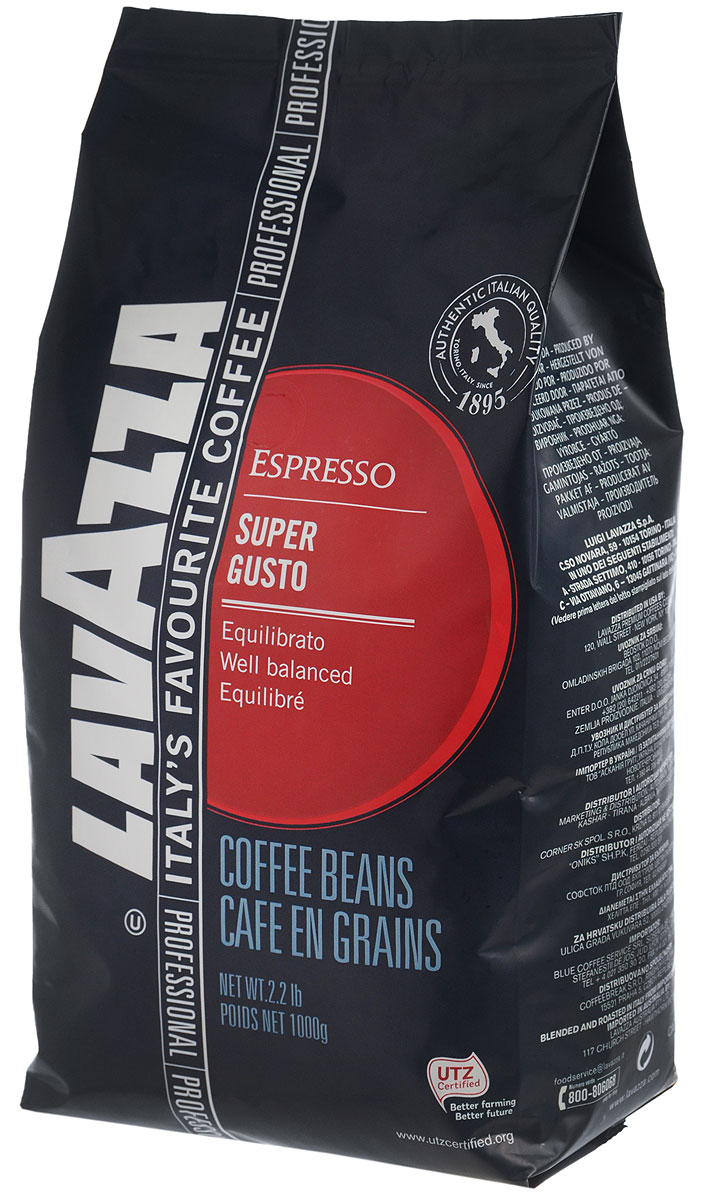 Lavazza Super Gusto UTZ кофе в зернах, 1 кг0120710 Lavazza Super Gusto UTZ кофе в зернах, 1 кг0120710Итальянский насыщенный кофе Lavazza Super Gusto UTZ с большим содержанием высококачественной арабики (80 %). Зерна для кофе Lavazza Super Gusto UTZ выращены на лучших плантациях и заботливо собраны специально для вас. 20 % в напитке составляет робуста. Она гарантирует наличие легкой пенки. Напиток имеет чудесный аромат, с него приятно начинать свое утро. Окунитесь в магию волшебства кофе