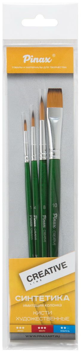 Pinax Набор кистей синтетических Creative Line 4 шт короткая ручкаС1095-01 Pinax Набор кистей синтетических Creative Line 4 шт короткая ручкаС1095-01Кисти из набора Pinax Creative line идеально подойдут для художественных и декоративно-оформительских работ. В набор входят круглые кисти №1, №4, №8, плоская №10. Кисти предназначены для работы с акрилом, маслом, акварелью, гуашью, темперой и лаком. Кисти изготовлены из высококачественного синтетического волокна. Щетинки конусообразной формы имитируют натуральный волос средней жесткости. Такие кисти подходят для создания четких линий, заливки фона, а также декоративных работ - лессировок, покрытия лаком, использования паст и других работ. Деревянные короткие ручки кистей покрыты полупрозрачным цветным лаком, втулки алюминиевые с двойной обжимкой.
