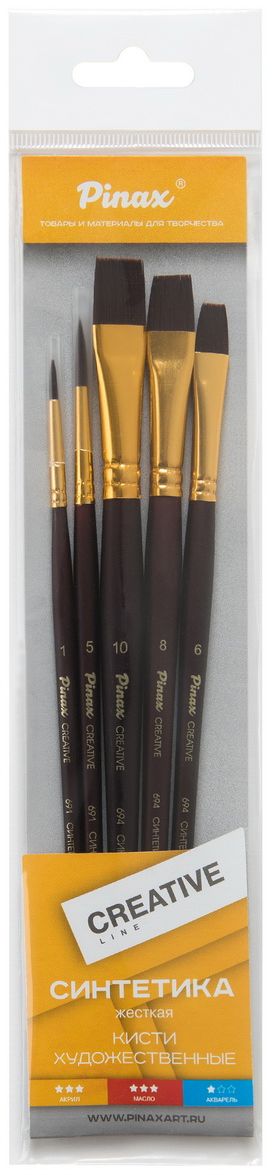 Pinax Набор кистей синтетических жестких Creative Line 5 штC13S041944 Pinax Набор кистей синтетических жестких Creative Line 5 штC13S041944Кисти Pinax Creative line идеально подойдут для художественных и декоративно-оформительских работ. В набор входят плоские кисти №6, №8, №10, круглые №1, №5. Кисти из высококачественного синтетического волокна, изначально разработанные для акрила/масла, отлично работают и с акварелью, сочетая жесткость щетины с удивительно тонким чувством мазка, упругость и хороший резервуар для набора краски с контролируемой подачей на кончик. Кисти предназначены для работы с акрилом, маслом, акварелью, гуашью, темперой и лаком. Деревянные короткие ручки кистей покрыты плотной матовой краской, втулки алюминиевые с двойной обжимкой.