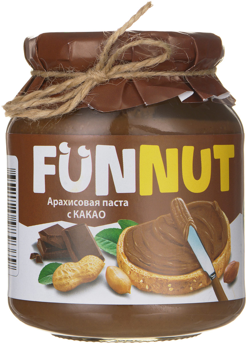 Funnut арахисовая паста с какао, 340 г0120710 Funnut арахисовая паста с какао, 340 г0120710Арахисовая паста Funnut подходит тем, кто следит за своим здоровьем. Паста производится по уникальной рецептуре. Секрет ее вкуса заключается в натуральности всех ингредиентов, отсутствием в составе холестерина, транс-жиров и вредных насыщенных жиров. Вся продукция прошла лабораторные и бактериологические исследования.