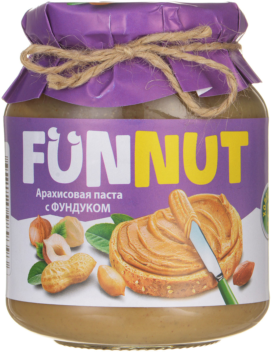 Funnut арахисовая паста с фундуком, 340 г0120710 Funnut арахисовая паста с фундуком, 340 г0120710Арахисовая паста Funnut подходит тем, кто следит за своим здоровьем. Паста производится по уникальной рецептуре. Секрет ее вкуса заключается в натуральности всех ингредиентов, отсутствием в составе холестерина, транс-жиров и вредных насыщенных жиров. Вся продукция прошла лабораторные и бактериологические исследования.