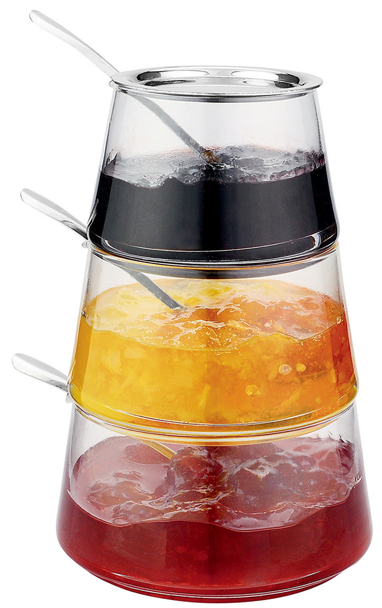 Набор для хранения продуктов SinoGlass Trio Tower Set, 7 предметовVT-1520(SR) Набор для хранения продуктов SinoGlass Trio Tower Set, 7 предметовVT-1520(SR)Набор для хранения продуктов SinoGlass Trio Tower Set включает 3 прозрачные емкости с носиками, металлическую плоскую крышку и 3 ложки. Емкости прекрасно подойдут для хранения соусов, сливок, оливкового масла и других пищевых жидкостей, а также меда, варенья или сахара. В комплекте предусмотрено 3 металлические ложки. Емкости компактно устанавливаются одна на другую и закрываются сверху крышкой. Такой набор стильно дополнит интерьер кухни и прекрасно послужит для хранения продуктов. Отличный подарок к любому случаю, который порадует любую хозяйку. Размер емкостей (по верхнему краю): 6,5 см, 8 см, 9 см. Высота емкостей: 5 см. Высота емкостей (в собранном виде): 15 см. Длина ложки: 11 см.