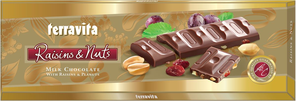 Terravita Шоколад молочный с изюмом и арахисом, 225 г7.14.01 Terravita Шоколад молочный с изюмом и арахисом, 225 г7.14.01Вкусный потрясающий шоколад Terravita в подарочной упаковке с кусочками арахиса и изюмом.Уважаемые клиенты! Обращаем ваше внимание, что полный перечень состава продукта представлен на дополнительном изображении.