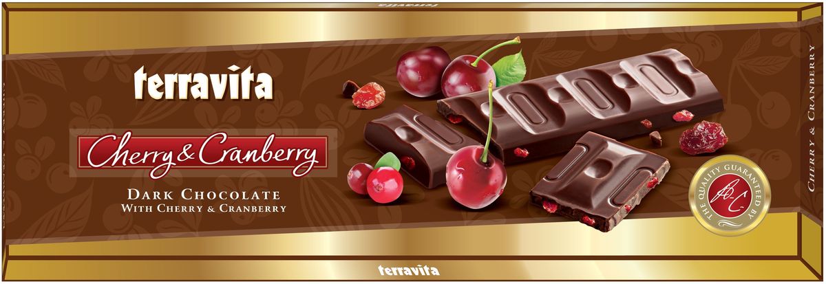 Terravita Шоколад темный с кусочками вишни и клюквы, 225 г79005026 Terravita Шоколад темный с кусочками вишни и клюквы, 225 г79005026Темный шоколад Terravita в подарочной и красочной упаковке с кусочками вишни и клюквы.Уважаемые клиенты! Обращаем ваше внимание, что полный перечень состава продукта представлен на дополнительном изображении.