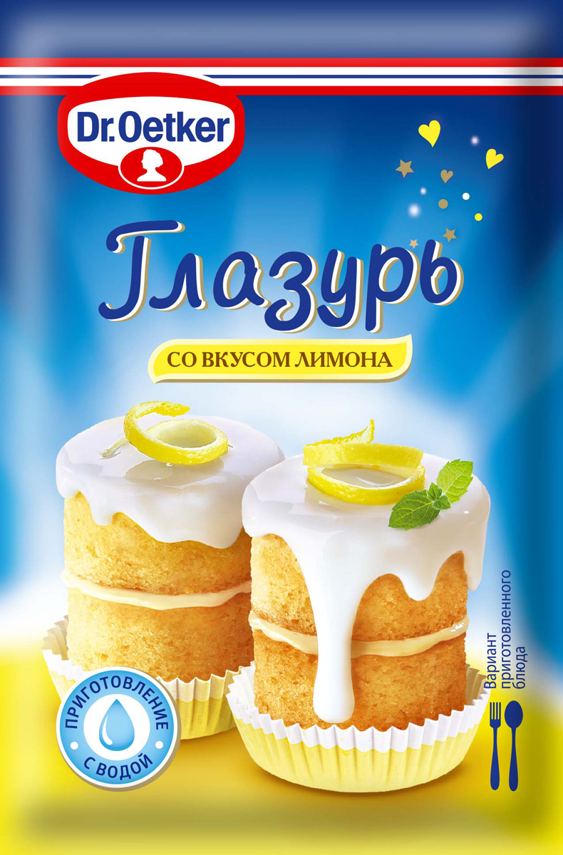 Dr.Oetker глазурь со вкусом лимона, 100 г0120710 Dr.Oetker глазурь со вкусом лимона, 100 г0120710Глазурь Dr.Oetker со вкусом лимона идеально подходит для тортов, пирогов и другой выпечки.Сахарная глазурь Dr.Oetker для украшения выпечки готовится очень просто: нужно только размешать содержимое пакетика с 3-4 чайными ложками воды или пастеризованного молока - и готово! Готовится легко и без комочков. Глазурь обладает нежным вкусом и легким ароматом лимона.