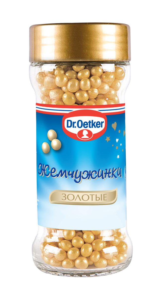 Dr.Oetker жемчужинки золотые, 42 г0120710 Dr.Oetker жемчужинки золотые, 42 г0120710Золотые жемчужинки Dr.Oetker - декоративные кондитерские посыпки, предназначенные для красочного оформления различных кондитерских изделий: мороженого, пирожных, тортов, куличей, булочек, печенья, десертов.На выпеченные изделия нанесите слой глазури (белковой, сахарной или шоколадной) и посыпьте сахарной посыпкой.Уважаемые клиенты! Обращаем ваше внимание, что полный перечень состава продукта представлен на дополнительном изображении.