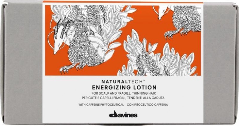 Davines Энергетический лосьон против выпадения волос New Natural Tech Energizing Lotion, 12х6 млkaaral1201 Davines Энергетический лосьон против выпадения волос New Natural Tech Energizing Lotion, 12х6 млkaaral1201Мощное средство интенсивной терапии, представленное в линии Davines New Natural Tech, оздоравливает кожу головы и останавливает выпадение волос.Три причины купить Davines Energizing Lotion:Средство от Давинес стимулирует обменные процессы и улучшает кровоток в коже головы. Для этих целей в состав средства добавлены фитоактив кофеина, масла корицы, черного перца и имбиря. Все перечисленные компоненты оказывают разогревающее действие, они раздражают рецепторы и вызывают прилив крови, обогащенной питательными веществами, к коже скальпа.Лосьон Davines повышает местный иммунитет, обеспечивает защиту кожи головы от болезнетворных микробов, грибков и бактерий. Все это благодаря введению в формулу средства бета-глюкана - полисахарида, обладающего выраженными защитными, укрепляющими и заживляющими свойствами.После курса лечения энергетическим лосьоном волосы улучшают внешние характеристики - становятся более гибкими и блестящими. Сиртуины (белки молодости) добавленные в состав средства, откладываются в местах повреждения, заполняют собой слишком большие промежутки между чешуйками кутикулы, что делает волос ровным и гладким.Результат: Волосы стали крепкими, неконтролируемое выпадение удалось взять под контроль.Внимание: Энергетический лосьон выпускается в ампулах (содержимое одной ампулы рассчитано на одноразовое применение) и флаконах 100 мл. Никакой разницы в составах средств нет.