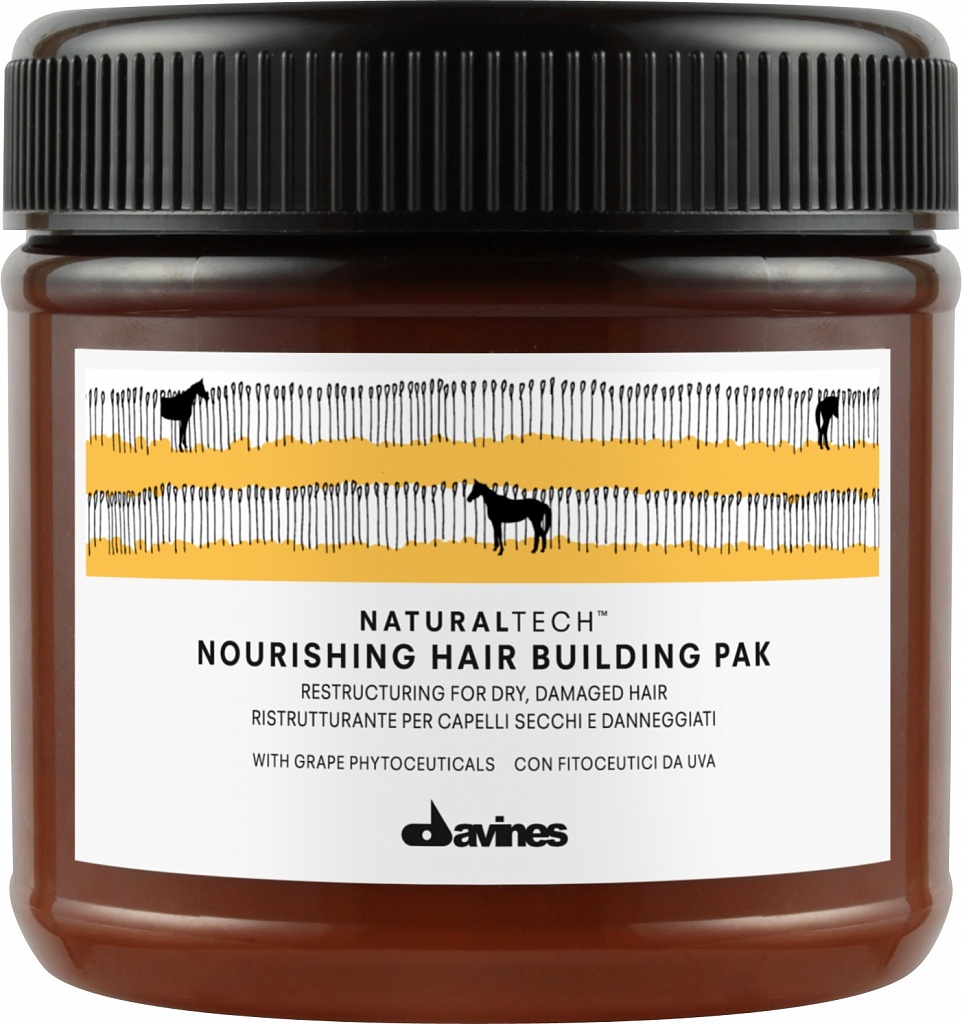 Davines Питательная восстанавливающая маска New Natural Tech Nourishing Hair Building Pak, 250 млFS-00897 Davines Питательная восстанавливающая маска New Natural Tech Nourishing Hair Building Pak, 250 млFS-00897Питательная восстанавливающая маска для волос питает и обновляет структуру сухих поврежденных волос. В маске содержится фитоактив винограда, который богат полифенолами и является сильным антиоксидантом. Его действие усиливают эфирные масла мандарина, горького апельсина и иланг-иланга, снабжающие уставшие волосы жизненной силой. Также в состав формулы входят жирные кислоты группы Омега 3, которые кондиционируют волосы, а также кератин и кератин гидролизованный, работающие над восстановлением структуры волос. pH 4.
