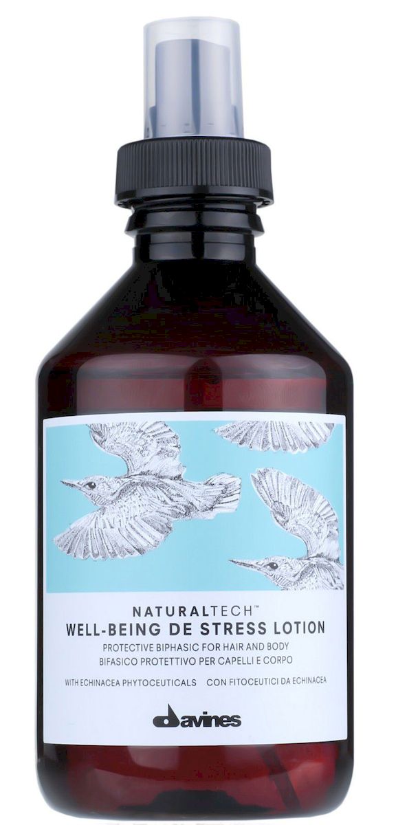 Davines Лосьон-антистресс для здоровья волос New Natural Tech Well-Being De Stress Lotion, 250 мл71176 Davines Лосьон-антистресс для здоровья волос New Natural Tech Well-Being De Stress Lotion, 250 мл71176Лосьон Анти-Стресс для здоровья волос подходит не только для ухода за волосами, но и за телом. Нежная и легкая текстура этого двухфазного защитного спрея прекрасно впитывается и делает вашу кожу мягкой как шелк. В состав спрея входят УФ-фильтры, являющиеся барьером для вредного воздействия прямых лучей солнца. Вытяжка из эхинацеи, содержащая целый ряд витаминов и аминокислот, является мощным антиоксидантом и надежно защищает ваши волосы от воздействия окружающей среды. рH 5,0.