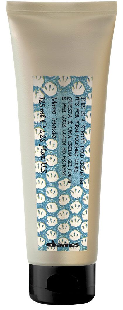 Davines Крем-гель для стойких глянцевых образов More Inside Strong Hold Cream Gel, 125 мл1239 Davines Крем-гель для стойких глянцевых образов More Inside Strong Hold Cream Gel, 125 мл1239Специальная кремообразная структура геля запоминает форму прически. Сильная фиксация не дает локонам распадаться, но между тем не утяжеляет и не склеивает волосы. Не оставляет жирных и белых следов на волосах, руках, одежде. Быстро сохнет и схватывает форму. Идеален для коротких волос и создания эффекта глянца и влажности.Применение: Нанесите продукт на волосы, избегая корней волос. Распределите по волосам и сделайте укладку. Наносить средство можно как на сухие, так и на влажные волосы.