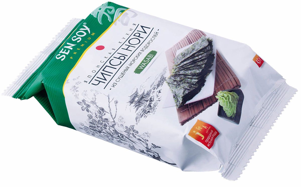 Sen Soy Чипсы-Нори из морской водоросли Wasabi, 4,5 г0120710 Sen Soy Чипсы-Нори из морской водоросли Wasabi, 4,5 г0120710Чипсы Нори - популярная корейская легкая закуска из морской водоросли. Продукт для тех, кто трепетно относится к своему здоровью и заботится о стройной фигуре. Хрустящие пластинки нори, обжаренные на кунжутном масле, прекрасно утоляют голод и сохраняют все исключительные свойства морских водорослей. Вкусные и полезные они содержат растительный протеин, йод, железо, кальций, фосфор а также витамины А, В и С. На прогулке, перед телевизором, в кино и в дороге с Вами Чипсы Нори Sen Soy Premium – хрустите с удовольствием и пользой!