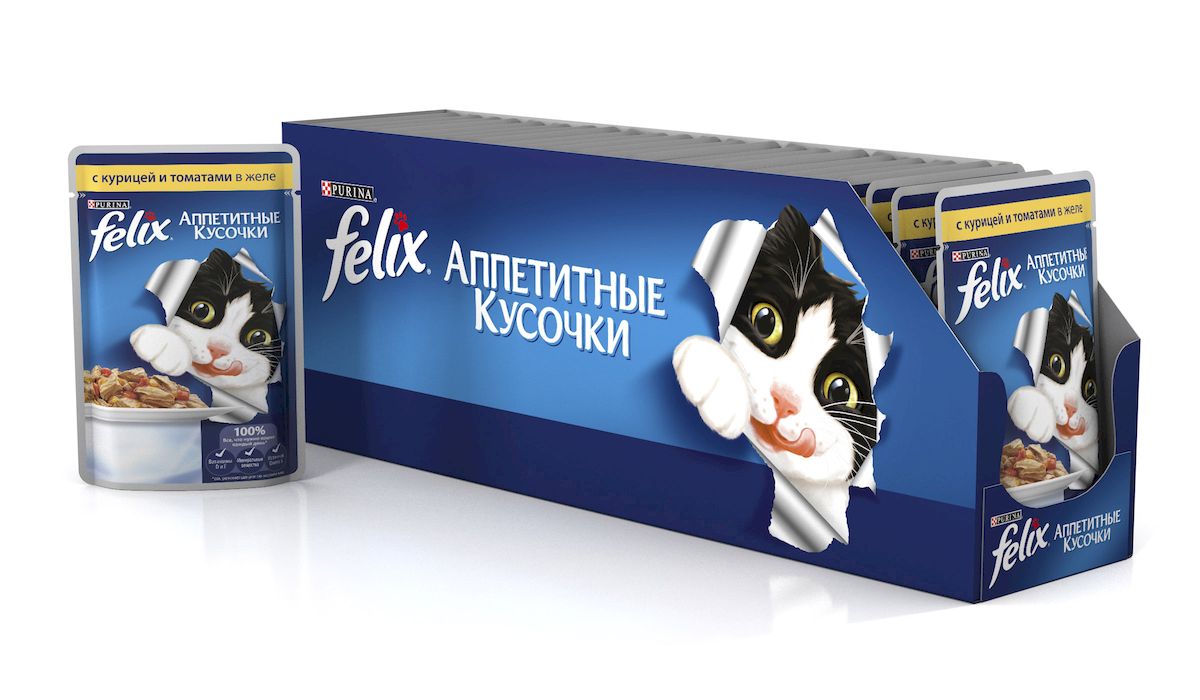 Консервы для кошек Felix Аппетитные кусочки, с курицей и томатами в желе, 85 г, 24 шт0120710 Консервы для кошек Felix Аппетитные кусочки, с курицей и томатами в желе, 85 г, 24 шт0120710Консервы для кошек Felix Аппетитные кусочки - это полнорационный корм для кошек. У него такой аппетитный вид и аромат, словно его приготовили вы сами. Felix Аппетитные кусочки создан по специально разработанной рецептуре: это нежнейшие кусочки с мясом, покрытые сочным желе. Ваш кот будет готов есть такую вкуснятину хоть каждый день - на завтрак, обед и ужин.Рекомендации по кормлению: Для взрослой кошки среднего веса (4 кг) требуется примерно 3 пакетика в день. Кормление желательно разделить на два приема. Для беременных или кормящих кошек кормление без ограничений. Подавать корм при комнатной температуре. Следите, чтобы у вашей кошки всегда была чистая, свежая питьевая вода.Условия хранения: Закрытую упаковку хранить при температуре от +4°C до +35°C и относительной влажности воздуха не более 75%. После открытия продукт хранить в холодильнике максимум 24 часа. Состав: мясо и субпродукты 19% (курица мин. 4%), экстракт растительного белка, овощи (томаты мин.4%), рыба и рыбные субпродукты, минеральные вещества, сахар. Пищевая ценность в 100г: белки 13%, жир 3%, сырая зола 2,2%, сырая клетчатка 0,5%.Добавленные вещества МЕ/кг: витамин А 1490, витамин D3 230, железо 10, йод 0,3, медь 0,9, марганец 2, цинк 10.Вес: 85 г.Товар сертифицирован.