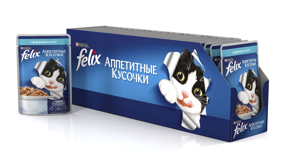 Консервы для кошек Felix Аппетитные кусочки, с форелью в желе, 85 г, 24 шт0120710 Консервы для кошек Felix Аппетитные кусочки, с форелью в желе, 85 г, 24 шт0120710Консервы для кошек Felix Аппетитные кусочки - это полнорационный корм для кошек. У него такой аппетитный вид и аромат, словно его приготовили вы сами. Felix Аппетитные кусочки создан по специально разработанной рецептуре: это нежнейшие кусочки с рыбой, покрытые сочным желе. Ваш кот будет готов есть такую вкуснятину хоть каждый день - на завтрак, обед и ужин.Рекомендации по кормлению: Для взрослой кошки среднего веса (4 кг) требуется примерно 3 пакетика в день. Кормление желательно разделить на два приема. Для беременных или кормящих кошек кормление без ограничений. Подавать корм при комнатной температуре. Следите, чтобы у вашей кошки всегда была чистая, свежая питьевая вода.Условия хранения: Закрытую упаковку хранить при температуре от +4°C до +35°C и относительной влажности воздуха не более 75%. После открытия продукт хранить в холодильнике максимум 24 часа. Состав: мясо и продукты его переработки 17%, экстракт растительного белка, рыба и продукты ее переработки (в том числе форель мин.4%), минеральные вещества, сахара, витамины. Добавленные вещества: МЕ/кг: Витамины: А 725, D3 110, витамин Е 16; мг/кг железо 25,5, йод 0,32, медь 2,8, марганец 5,0, цинк 40, таурин 450. Гарантируемые показатели: влажность 80,0%, белок 13,0%, жир 3,0%, сырая зола 2,2%, сырая клетчатка 0,5%, линолевая кислота (Омега 6): 0,2%.Вес: 85 г.Товар сертифицирован.