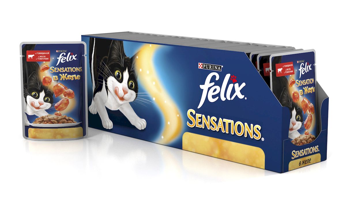 Консервы для кошек Felix Sensations, с говядиной в желе с томатами, 85 г, 24 шт0120710 Консервы для кошек Felix Sensations, с говядиной в желе с томатами, 85 г, 24 шт0120710Консервы для кошек Felix Sensations - консервированный полнорационный корм для взрослых кошек, с говядиной в желе с томатами. Корм Felix Sensations - это нежные кусочки с мясом, покрытые сочным желе из томатов. Эти ароматные желе делают корм особенно аппетитным и привлекательным для вашего питомца. Корм содержит Омега-6 жирные кислоты, а также правильное сочетание белка и витаминов для полного удовлетворения ежедневных потребностей вашей кошки.Состав: мясо и продукты переработки мяса (19%, из которых говядина 4%), экстракт растительного белка, рыба и продукты переработки рыбы, овощи (томаты 4% в желе), минеральные вещества, сахара, красители, витамины. Добавленные вещества (на 1 кг): витамин А 720 МЕ; витамин D3 110 МЕ; витамин Е 15 МЕ; железо 8 мг; йод 0,2 мг; медь 0,7 мг; марганец 1,6 мг; цинк 15 мг. Гарантируемые показатели: белок 13%, жир 3%, сырая клетчатка 0,5%, сырая зола 2,2%, линолевая кислота (Омега-6 жирные кислоты) 0,2%, таурин 0,045%. Энергетическая ценность (на 100 г): 75,6 ккал. Товар сертифицирован.