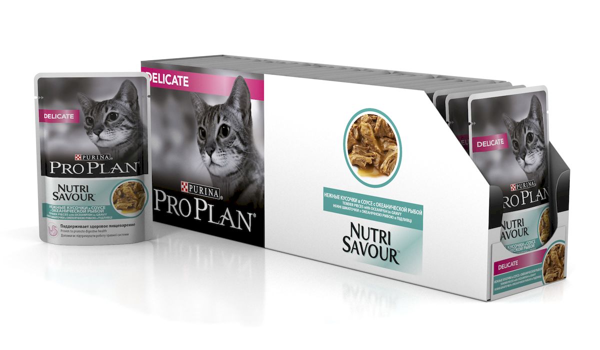 Консервы Pro Plan Nutri Savour для кошек с чувствительным пищеварением, с океанической рыбой, 85 г, 24 шт101246 Консервы Pro Plan Nutri Savour для кошек с чувствительным пищеварением, с океанической рыбой, 85 г, 24 шт101246Консервы Pro Plan Nutri Savour помогают уменьшить кожные реакции, связанные с пищевой непереносимостью. Нежные кусочки в пикантном соусе очень привлекательны для кошек благодаря запатентованной технологии. Доказано: способствует улучшению пищеварения благодаря содержанию инулина, пребиотика, который помогает сбалансировать кишечную флору кошек с повышенной чувствительностью.Состав: мясо и продукты переработки мяса, экстракты растительных белков, рыба и продукты переработки рыбы (в том числе океаническая рыба 4%), растительные и животные жиры, продукты переработки растительного сырья, красители, сахара, витамины.Добавленные вещества (МЕ/кг): витамин А 1058, витамин D3 148, витамин Е 320, мг/кг: таурин 456, железо 10,1, йод 0,38, медь 0,96, марганец 1,76, цинк 27,35, селен 0,022.Гарантируемые показатели: влажность 78%, белок 12,6%, жир 3,8%, сырая зола 2,3%, сырая клетчатка 0,3%, омега-3 жирные кислоты 0,1%, омега-6 жирные кислоты 1,1%.Товар сертифицирован.