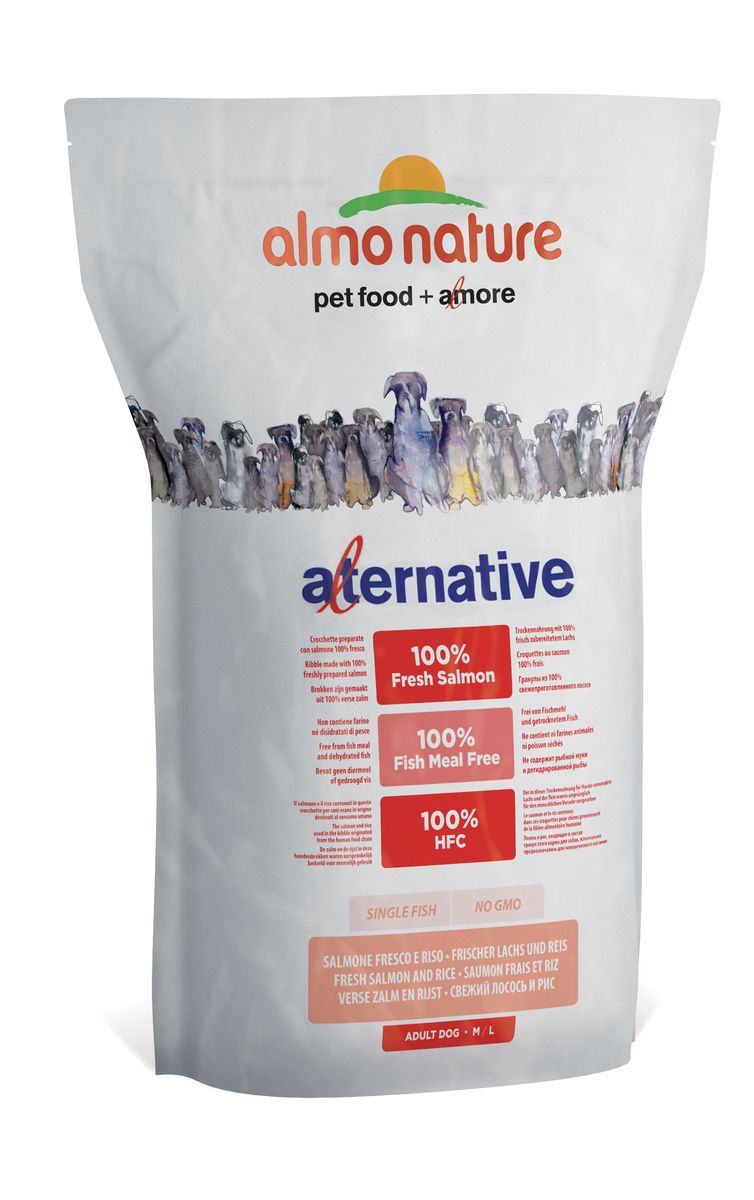 Корм сухой Almo Nature Alternative для собак средних и крупных пород, с лососем и рисом, 3,75 кг0120710 Корм сухой Almo Nature Alternative для собак средних и крупных пород, с лососем и рисом, 3,75 кг0120710Полнорационный корм Almo Nature Alternative рекомендован для собак средних и крупных пород. Монобелковый корм не содержит мясной муки и дегидрированного мяса. Рекомендован к употреблению собакам с чувствительным пищеварением. Не содержит глютена, ГМО, химических консервантов, красителей и усилителей вкуса.Состав: свежее мясо лосося - 50%, рис - 40%, картофельный протеин, жир животного происхождения, минералы, гидролизированный белок ягненка, цельные семена льна, лососевый жир, маннанолигосахариды - 0,1%, инулин из цикория – источник FOS (фруктоолигосахариды) - 0,1%. Витамины и микроэлементы: витамин A - 22000 IU/кг, витамин D3 - 1400 IU/кг, витамин E - 300 мг/ кг, витамин B1 - 12 мг/кг, витамин B2 - 14 мг/кг, кальций D-пантотенат - 20 мг/кг, витамин B6 - 12 мг/ кг, витамин B12 - 0,15 мг/кг, холин хлорид - 3185 мг/кг, ниацин - 25 мг/кг, биотин - 0,5 мг/кг, таурин - 1000 мг/кг, витамин K - 1 мг/кг, фолиевая кислота - 1 мг/кг, L-карнитин - 50 мг/кг, сульфат меди пентагидрат - 32 мг/кг, двухвалентной меди хелат аминокислот гидрат - 33 мг/кг, моногидрат сульфата цинка - 222 мг/кг, цинка аминокислотный хелат гидрат - 267 мг/кг, моногидрат сульфата марганца - 20,65 мг/кг, органический селен - 80,44 мг/кг. Пищевая ценность: белки - 25%, клетчатка - 2,6%, жиры - 15%, зола - 7%, кальций - 1,6%, фосфор - 0,93%, Омега 3 - 1,5%, Омега 6 - 3%, влага - 9,5%. Калорийность: 3580 ккал/кг.Товар сертифицирован.
