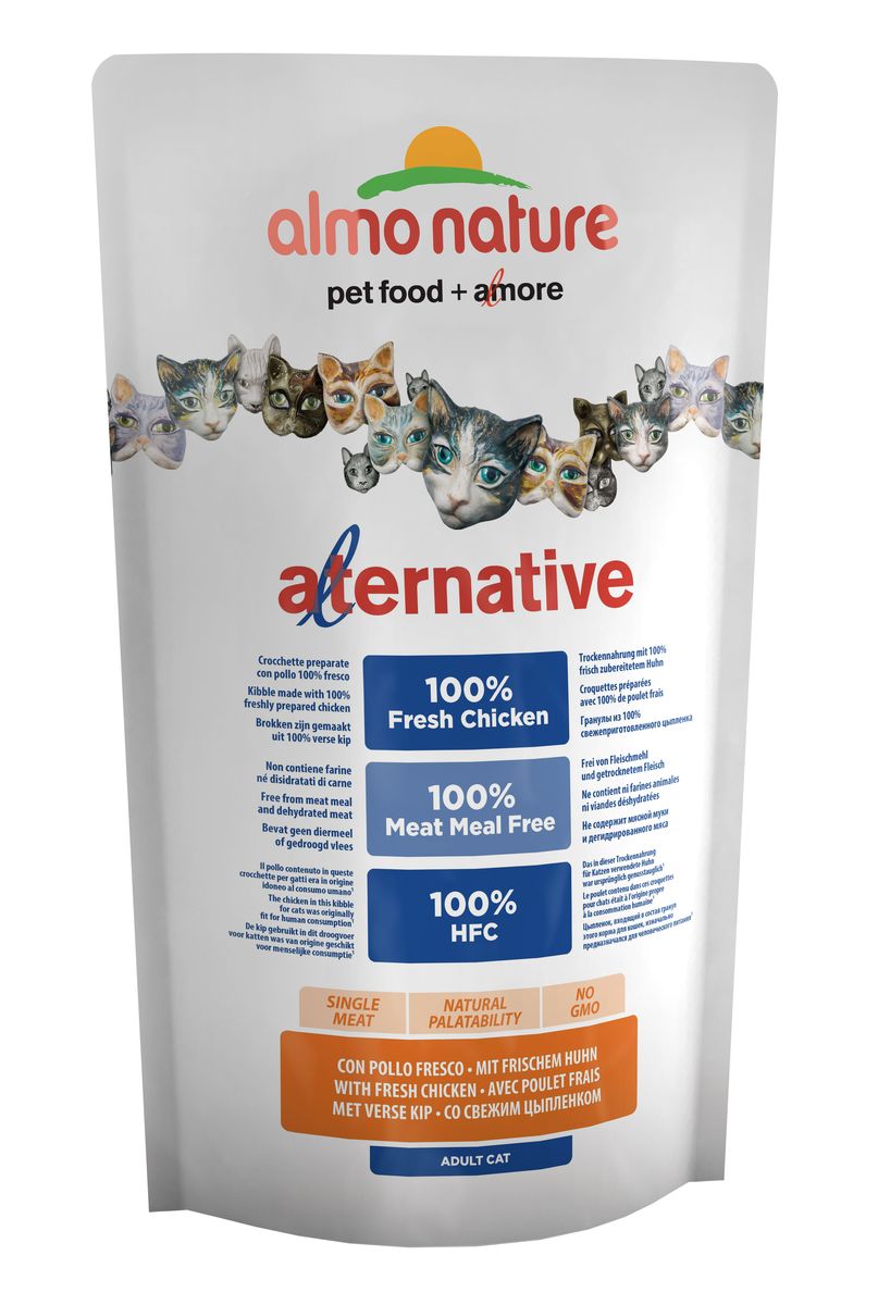 Корм сухой для кошек Almo NatureAlternative, с цыпленком и рисом, 750 г0120710 Корм сухой для кошек Almo NatureAlternative, с цыпленком и рисом, 750 г0120710Полнорационный корм для кошек Almo Nature Alternative изготовлен исключительно из свежего мяса. Монобелковый корм не содержит мясной муки и дегидрированного мяса. Рекомендован к употреблению кошек с чувствительным пищеварением. Не содержит ГМО, химических консервантов, красителей и усилителей вкуса.Состав: свежий цыпленок - 55%, рис, гидролизованный животный белок, кукурузный глютен, куриный жир, яйца, дрожжи, минералы, лососевый жир, клетчатка, мананоолигосахариды - 0,2%, инулин из цикория - источник ФОС - 0,2%.Питательные добавки: витамин A - 24000 IU/kg, витамин D3 - 1700 IU/kg, витамин E - 400 мг/кг, витамин B1 - 10 мг/кг, витамин B2 - 8 мг/кг, кальций - 16 мг/кг, витамин B6 - 6 мг/кг, витамин B12 - 0,15 мг/кг, витамин C - 50 мг/кг, холина хлорид - 3066 мг/кг, ниацин - 50 мг/кг, биотин - 0,5 мг/кг, таурин - 1000 мг/кг, витамин K - 1 мг/кг, фолиевая кислота - 1 мг/кг, сульфат меди пентагидрат - 32 мг/кг, меди хелат аминокислоты гидрат - 40 мг/кг, оксид цинка моногидрат - 166,7 мг/кг, цинка хелат аминокислоты гидрат - 266,7 мг/кг, сульфат марганца моногидрат - 78,1 мг/кг, органический селен - 65,2 мг/кг.Пищевая ценность: кальций - 1,2%, фосфор - 0,96%, калий - 0,6%, магний - 0,12%, омега-3 - 0,53%, омега-6 - 3,69%. Пищевая ценность: белки - 30%, клетчатка - 1,5%, масла и жиры - 20%, зола - 8,1%, влага - 9,5%.Товар сертифицирован.