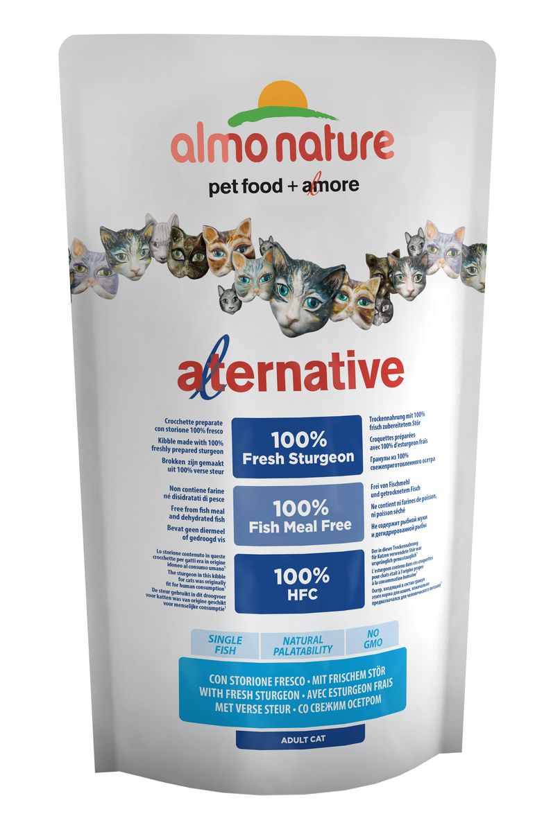Корм сухой для кошек Almo NatureAlternative, с осетром и рисом, 750 г20633 Корм сухой для кошек Almo NatureAlternative, с осетром и рисом, 750 г20633Полнорационный корм для кошек Almo Nature Alternative изготовлен исключительно из свежего мяса. Монобелковый корм не содержит мясной муки и дегидрированного мяса. Рекомендован к употреблению кошек с чувствительным пищеварением. Не содержит ГМО, химических консервантов, красителей и усилителей вкуса.Состав: свежий осетр - 55%, рис, куриный жир, кукурузный глютен, гидролизованный животный белок, дрожжи, помидоры, яйца, минералы, свекольный жом, мананоолигосахариды - 0,2%, инулин из цикория - источник ФОС - 0,2%.Питательные добавки: витамин A - 24000 IU/kg, витамин D3 - 1700 IU/kg, витамин E - 400 мг/кг, витамин B1 - 10 мг/кг, витамин B2 - 8 мг/кг, кальций D-pпантотенат - 16 мг/кг, витамин B6 - 6 мг/кг, витамин B12 - 0,15 мг/кг,витамин C - 50 мг/кг, холина хлорид - 3080 мг/кг, ниацин - 50 мг/кг,биотин - 0,5мг/кг, таурин - 720 мг/кг, витамин K - 1мг/кг, фолиевая кислота - 1мг/кг, сульфат меди пентагидрат - 32 мг/кг, меди хелат аминокислоты гидрат - 40 мг/кг, оксид цинка моногидрат - 166,7мг/кг, цинка хелат аминокислоты гидрат - 266,7мг/кг, сульфат марганца моногидрат - 78,1мг/кг, органический селен - 65,2мг/кг.Пищевая ценность: кальций - 1,51%, фосфор - 0,96%, калий - 0,6%, магний - 0,12%, омега-3 - 1,39%, омега-6 - 3,68%. Пищевая ценность: белки - 30%, клетчатка - 1,5%, масла и жиры - 19%, зола - 8%, влага - 9,5%.Товар сертифицирован.