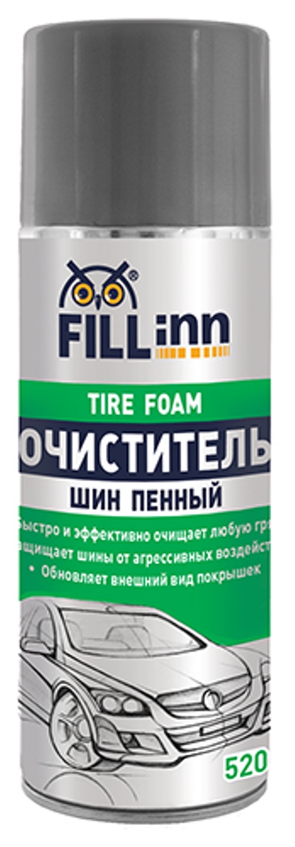 Очиститель шин Fill Inn, аэрозоль, пенный, 520 млRC-100BWC Очиститель шин Fill Inn, аэрозоль, пенный, 520 млRC-100BWCБлагодаря обильной пене бережно и эффективно очищает накопившиеся загрязнения, растворяет пыль и въевшуюся грязь на поверхности резины. Предохраняет от растрескивания и старения шины автомобиля. Защитная грязеотталкивающая полимерная пленка обеспечивает обрабатываемой поверхности ухоженный вид новых покрышек. Предохраняет резину от разрушения ультрафиолетом и агрессивными веществами: солью и кислотными осадками. Не требует мойки после применения. Может применяться для защиты и улучшения внешнего вида резиновых и пластиковых элементов отделки кузова – защитных панелей, уплотнителей, молдингов. Состав очистителя безопасен для колесных дисков и колпаков.