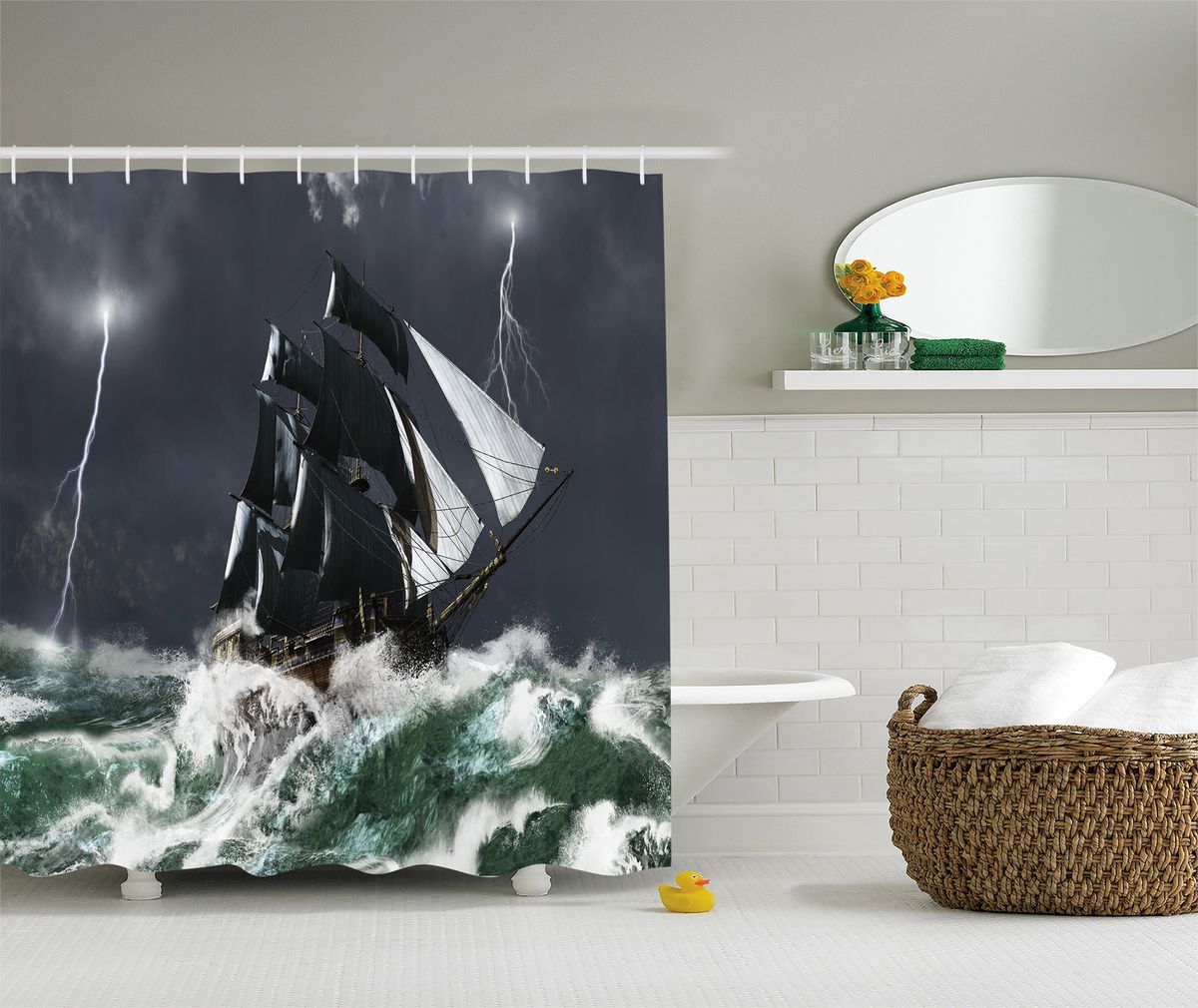 Штора для ванной комнаты Magic Lady Корабль в бурном море, 180 х 200 смRG-D31S Штора для ванной комнаты Magic Lady Корабль в бурном море, 180 х 200 смRG-D31SШтора Magic Lady Корабль в бурном море, изготовленная из высококачественного сатена (полиэстер 100%), отлично дополнит любой интерьер ванной комнаты. При изготовлении используются специальные гипоаллергенные чернила для прямой печати по ткани, безопасные для человека.В комплекте: 1 штора, 12 крючков. Обращаем ваше внимание, фактический цвет изделия может незначительно отличаться от представленного на фото.