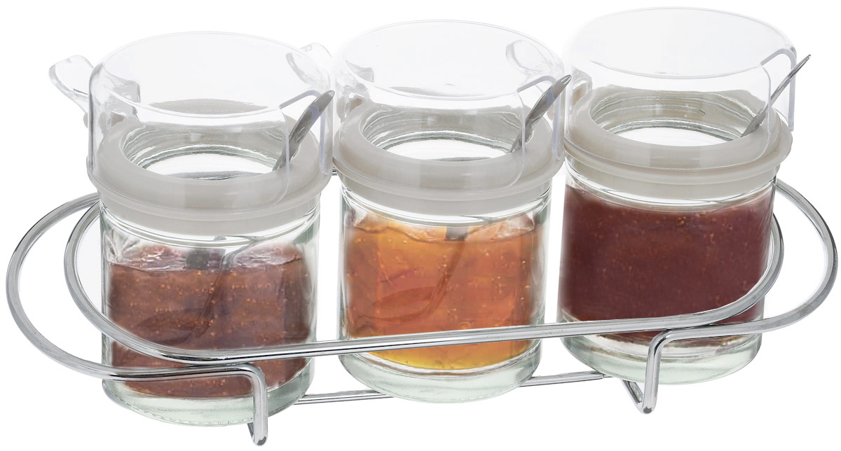 Набор банок для хранения продуктов SinoGlass, с ложками, на подставке, 7 предметовVT-1520(SR) Набор банок для хранения продуктов SinoGlass, с ложками, на подставке, 7 предметовVT-1520(SR)Набор для хранения продуктов SinoGlass состоит из 3 банок, 3 ложек и подставки. Банки, выполненные из прочного стекла, оснащены пластиковыми вставками и крышками, а также металлическими ложками. Изделие прекрасно подойдет для хранения соусов, сливок, меда, варенья или сахара. Банки компактно располагаются на металлической подставке. Такой набор стильно дополнит интерьер кухни и прекрасно послужит для хранения продуктов. Отличный подарок к любому случаю, который порадует любую хозяйку. Диаметр банки (по верхнему краю): 6 см. Высота банки (с учетом крышки): 9 см. Длина ложки: 10,5 см.Размер подставки: 24 х 7,5 х 5 см.