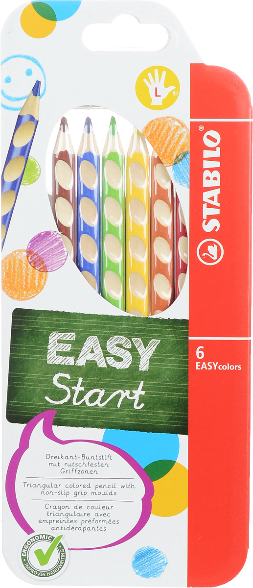 Stabilo Набор цветных карандашей Easycolors для левшей 6 шт72523WD Stabilo Набор цветных карандашей Easycolors для левшей 6 шт72523WDПреимущества карандашей Stabilo Easycolors. Специальные углубления на корпусе карандаша подсказывают ребенку как располагать большой и указательный пальцы, прививая первоначальный навык правильно держать пишущий инструмент. Расположение углублений по всей длине корпуса обеспечивает правильное удержание карандаша ребенком при письме и рисовании даже после заточки карандаша. С течением времени навык автоматически закрепляется в памяти ребенка, позволяя ему быстрее и легче адаптироваться к процессу обучения письму, освоить правильную технику письма и сделать письмо красивым и быстрым.Создают максимальный комфорт для ребенка - трехгранная форма карандаша соответствует естественному захвату руки, уменьшая мышечные усилия, необходимые для его удержания, - ребенок может рисовать длительное время без ощущения усталости. Утолщенная форма корпуса облегчает удержание карандашей детьми с недостаточно развитой мелкой моторикой руки. Карандаши разработаны с учетом особенностей строения руки ребенка и имеют две версии: для правшей и для левшей, обеспечивая им одинаково комфортное письмо. Рекомендуются в начале обучения рисованию и письму.Мягкий грифель легко рисует на бумаге, не царапая ее и не крошась, и оставляет яркий след без каких-либо усилий. Утолщенный грифель диаметром 4,5 мм не нуждается в постоянном затачивании, так как имеет повышенную стойкость к поломкам. Каждый карандаш можно подписать. Карандаши являются обладателями Европейского сертификата качества (маркировка на корпусе СЕ), что подтверждает их высочайшее качество и безопасность для здоровья.