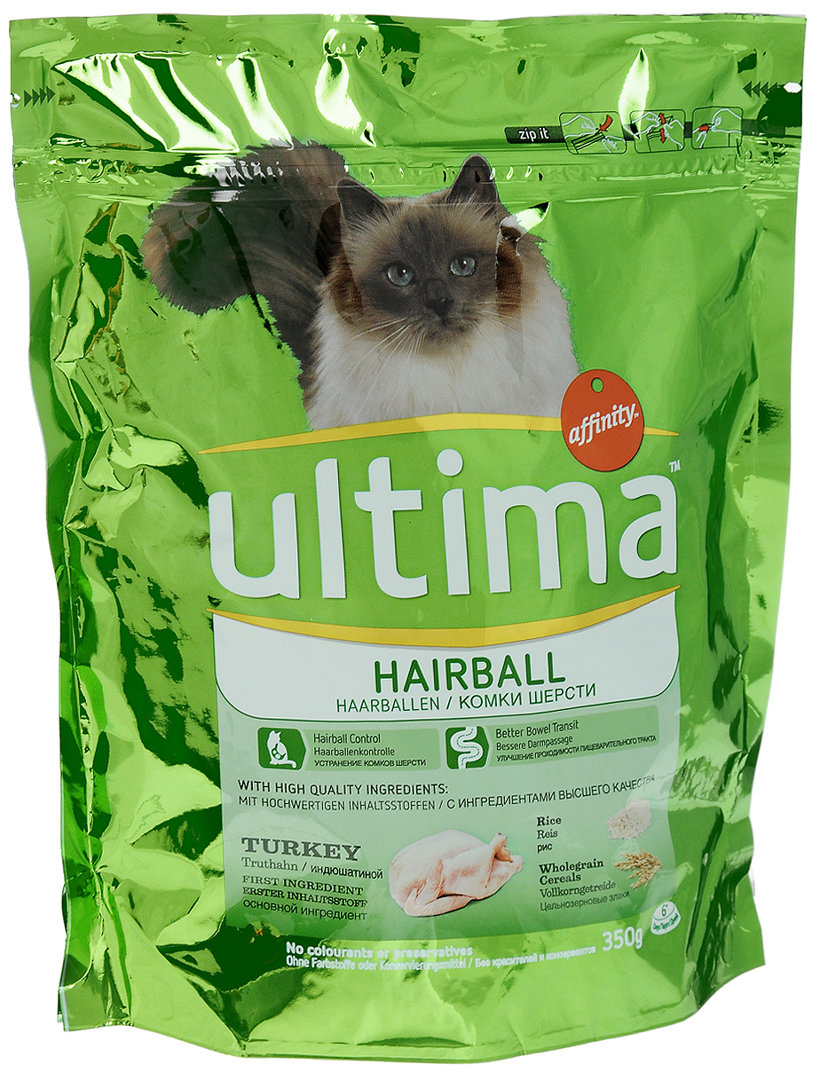 Корм сухой Ultima Hairball. Контроль комков шерсти для взрослых кошек, с мясом индейки, рисом и злаками, 350 г0120710 Корм сухой Ultima Hairball. Контроль комков шерсти для взрослых кошек, с мясом индейки, рисом и злаками, 350 г0120710Кошки — большие чистюли, и во время своего туалета они заглатывают шерсть, которая может скапливаться комками в желудке. Корм Ultima Hairball. Контроль комков шерсти не только препятствуют образованию комков шерсти, но и помогают животному избавиться от уже накопившихся. Преимущества: - УСТРАНЕНИЕ КОМКОВ ШЕРСТИ - волокна растительного происхождения и солодовый экстракт.- УЛУЧШЕНИЕ ПРОХОДИМОСТИ ПИЩЕВАРИТЕЛЬНОГО ТРАКТА - пищевые нерастворимые волокна.Товар сертифицирован.