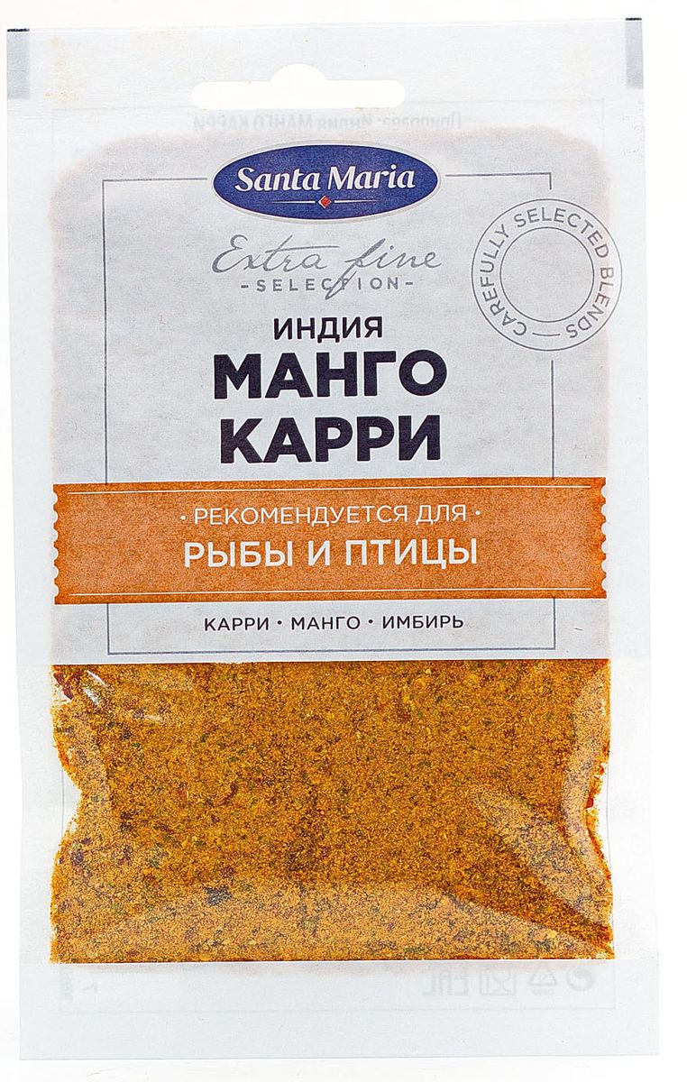 Santa Maria приправа Индия Манго карри, 24 г0120710 Santa Maria приправа Индия Манго карри, 24 г0120710Добавляйте приправу Santa Maria Индия Манго карри в супы-пюре, при тушении овощей, курицы и морепродуктов. Приготовьте заправку для салатов из йогурта, сока лимона, кинзы и приправы Манго Карри.