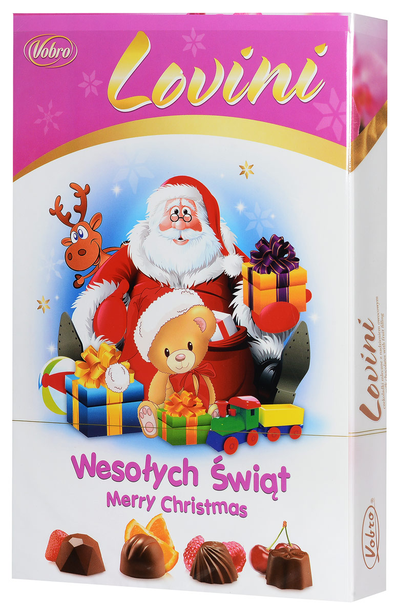 Vobro Lovini набор шоколадных конфет, 170 г0120710 Vobro Lovini набор шоколадных конфет, 170 г0120710Набор шоколадных конфет Vobro Loviniс клубничной, апельсиновой, малиновой и вишневой начинками придется по вкусу даже самым изысканным гурманам, а яркая упаковка порадует ваших близких в любой праздник или торжество.Коробка конфет Lovini — это интенсивные фруктовые начинки в каждой пралине, которые непременно поднимут настроение!