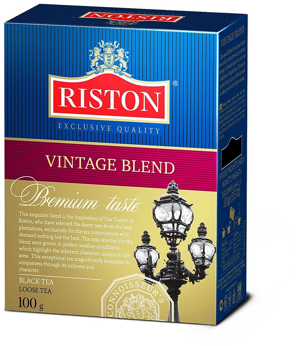 Riston Винтэйдж Бленд черный листовой чай, 100 г101246 Riston Винтэйдж Бленд черный листовой чай, 100 г101246Этот изысканный купаж - результат тщательной работы титестеров Riston, отбиравших элитные сорта с лучших плантаций мира. Эти сорта были выращены в благоприятных климатических зонах и обладают своим особенным, неповторимым вкусом. Ценители чая смогут по достоинству оценить богатство и характер изысканного аромата чая Riston.Крупнолистовой чай, стандарт Pekoe.