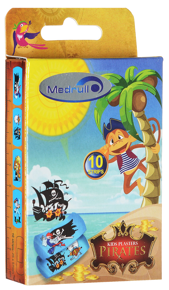 Medrull Лейкопластыри медицинские детские в стрипах Kids Plasters Pirates 10 шт4742225004673 Medrull Лейкопластыри медицинские детские в стрипах Kids Plasters Pirates 10 шт4742225004673Медицинские лейкопластыри Medrull Kids Plasters. Pirates понравятся детям, любящим приключения! Пластыри изготовлены из гипоаллергенного, перфорированного полимерного материала, обладают водонепроницаемыми и грязенепроницаемыми свойствами, легко и быстро снимаются, не раздражают нежную детскую кожу. Абсорбирующая подушечка изготовлена из вискозы и обладает высокой впитываемостью. Верхняя часть подушечки обработана полипропиленом, что защищает от вероятности прилипания пластыря к поврежденной поверхности кожи. В комплекте 10 пластырей.