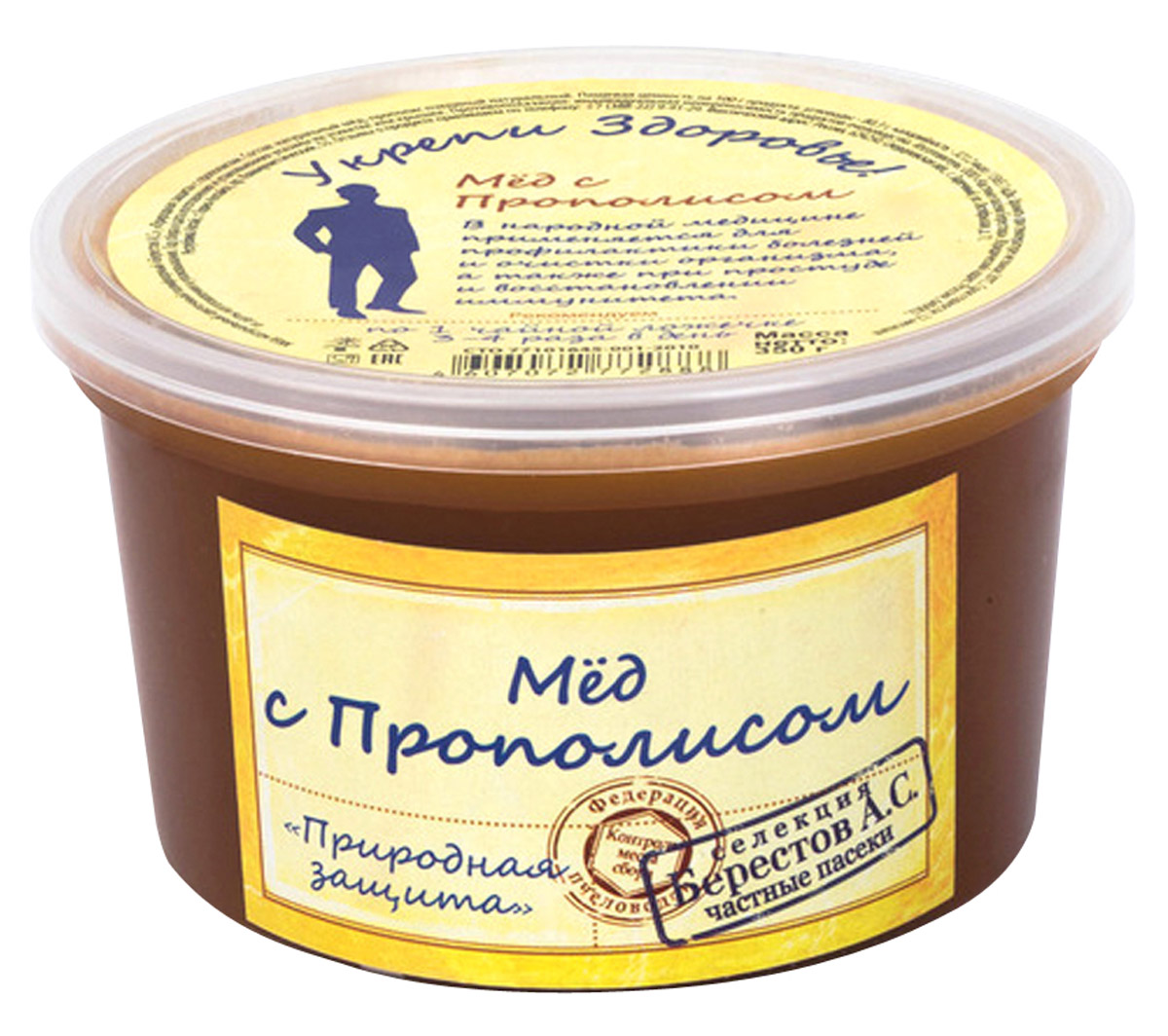 Берестов Мед с прополисом, 350 г0120710 Берестов Мед с прополисом, 350 г0120710Добавление прополиса делает мед уникальным биологическим веществом с усиленными целебными свойствами. Сочетание прополиса и мёда - это двойная доза полезных веществ!На вкус мед с прополисом сладкий с легкой горчинкой и ванильным послевкусием. Аромат приятный, бальзамический, со смолисто-медовыми нотками.Лечебные свойства:Мёд с прополисом может похвастаться богатым арсеналом целебных свойств и качеств. Мед и прополис - мощнейшие природные антибиотики, поэтому мёд с прополисом должен всегда быть под рукой как природная скорая помощь. Он мгновенно обезболивает, убивает вирусы и способствует быстрому восстановлению иммунитета. Эффективен не только в чистом виде, но и в качестве ингаляций, полосканий и капель в нос или глаза. Полезен при гастритах, болезнях сердца и печени, в качестве профилактики в сезон простуд. Подходит и для наружного применения - как ранозаживляющее и в виде компрессов при суставных заболеваниях.Сезонная коллекция меда Берестов. Мед контролируемого места происхождения. В состав линейки включается расширенный ассортимент, в том числе редких сортов. Коллекция Мед с частных пасек получила свое распространение на сезонных фестивалях и ярмарках.В коллекции представлена широкая гамма медов с частных пасек Алтайского края, Башкортостана, Хабаровского края, Краснодарского края, Украины, Киргизии, Средней полосы России. Редкие сорта меда представляются только на фестивалях и ярмарках ввиду того что собираемых пчеловодами объемов недостаточно для продажи их в течение всего года. Упаковка меда ведется холодным методом сохраняющим 100% биологических свойств продукта. Упаковка производится на Берестовской фабрике натуральных продуктов сертифицированной по стандарту менеджмента качества ISO.