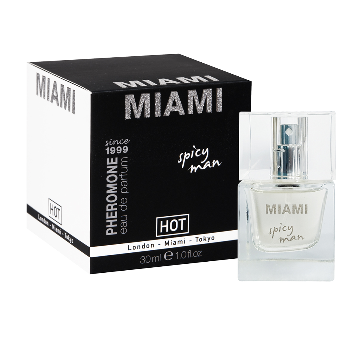 Hot Мужские духи с феромонами Miami spicy, 30 мл28032022 Hot Мужские духи с феромонами Miami spicy, 30 мл28032022Базовые ноты беззаботного, полного утех Майами – пачули, жасмин и лавр. Прилив эмоций даст ощутить мандарин, а грейпфрут и дубовый мох придадут сексуальную брутальность в солнечном Майами.