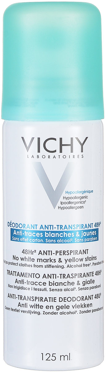 Vichy Дезодорант-антиперспирант 48 часов спрей против белых и желтых пятен, 125 млCF5512F4 Vichy Дезодорант-антиперспирант 48 часов спрей против белых и желтых пятен, 125 млCF5512F4Дезодорант обеспечивает надежную защиту на протяжении 48 часов. Быстро высыхает, оставляет ощущение мягкой, шелковистой кожи на протяжении всего дня. Предотвращает появление пятен на одежде.Протестировано под дерматологическим контролем. Гипоаллергенная формула, не содержит спирта, без парабенов.