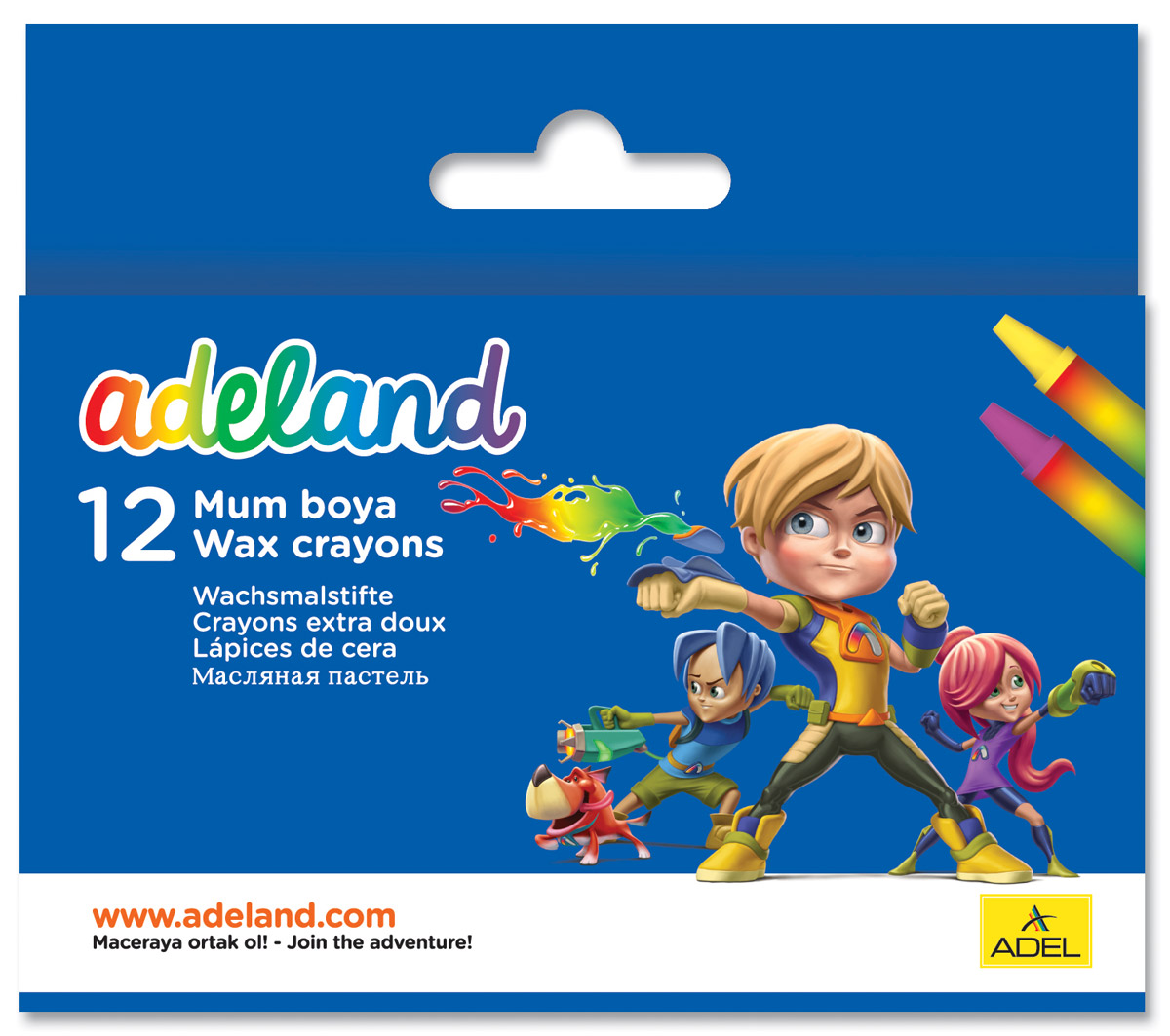 Adel Набор восковых мелков Adeland 12 шт 228-2834-100112998 Adel Набор восковых мелков Adeland 12 шт 228-2834-100112998Набор восковых мелков Adel Adeland создан специально для маленькой детской руки. Их можно использовать для рисования на бумаге, картоне, камне и деревянных поверхностях. Мелки не крошатся и выдерживают температуру до +60°С. При нанесении на бумагу они не теряют насыщенности цветов.Набор состоит из 12 мелков. При смешивании нескольких цветов получается богатая цветовая гамма. Мелки упакованы в картонную коробку с изображением героев по Hero, Adelia и Notro из турецкого мультфильма Renk Koruyuculari.Не рекомендуется детям до 3-х лет.