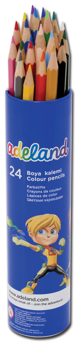 Adel Набор цветных карандашей Adeland 24 шт72523WD Adel Набор цветных карандашей Adeland 24 шт72523WDЦветные карандаши Adel Adeland созданы специально для маленькой детской руки. Специальная технология проклейки предотвращает повреждение грифеля при падении. Набор состоит из 24 ярких карандашей, которые находятся в удобном алюминиевом тубусе с изображением супер-героя.Не рекомендуется детям до 3-х лет.