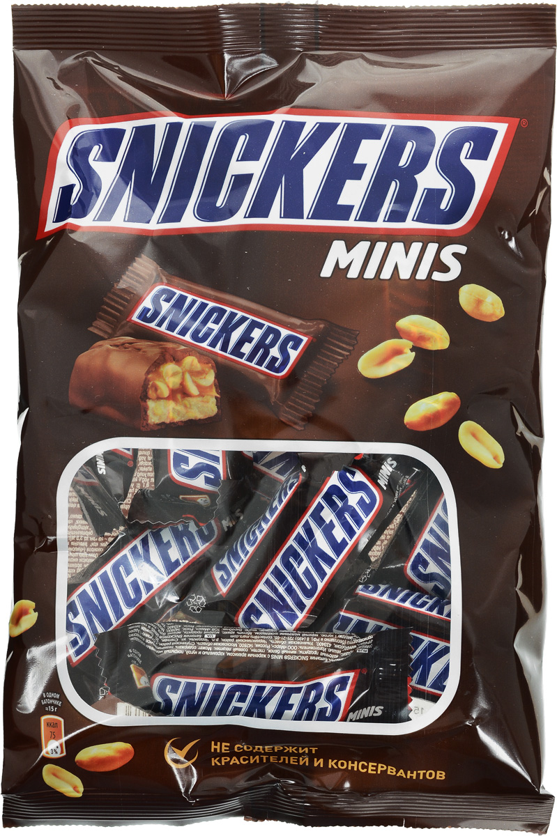 Snickers minis шоколадный батончик, 180 г0120710 Snickers minis шоколадный батончик, 180 г0120710Вкусные и питательные СНИКЕРС Минис помогут утолить голод, где бы вы не находились. Сочетание нуги, карамели, арахиса и, конечно же, молочного шоколада - это не просто перекус, а перекус с удовольствием.